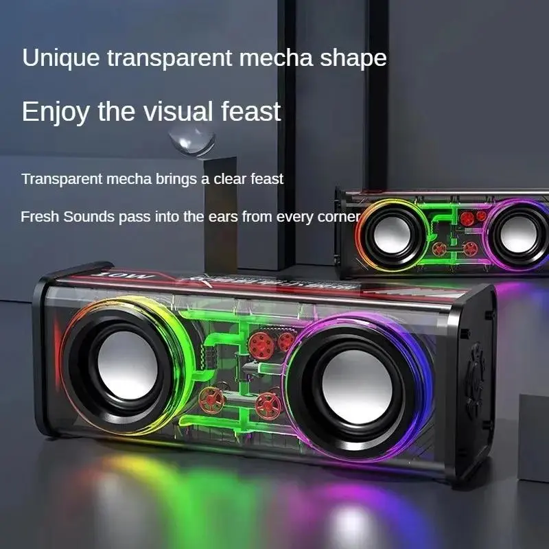 V8 Transparent Mecha Speakers Bluetooth 5.0 Wireless Double Bass Diaphragm Subwoofer Music TWS RGB Light Mini Party Loudspeaker Audio Charging Portable Smartphone