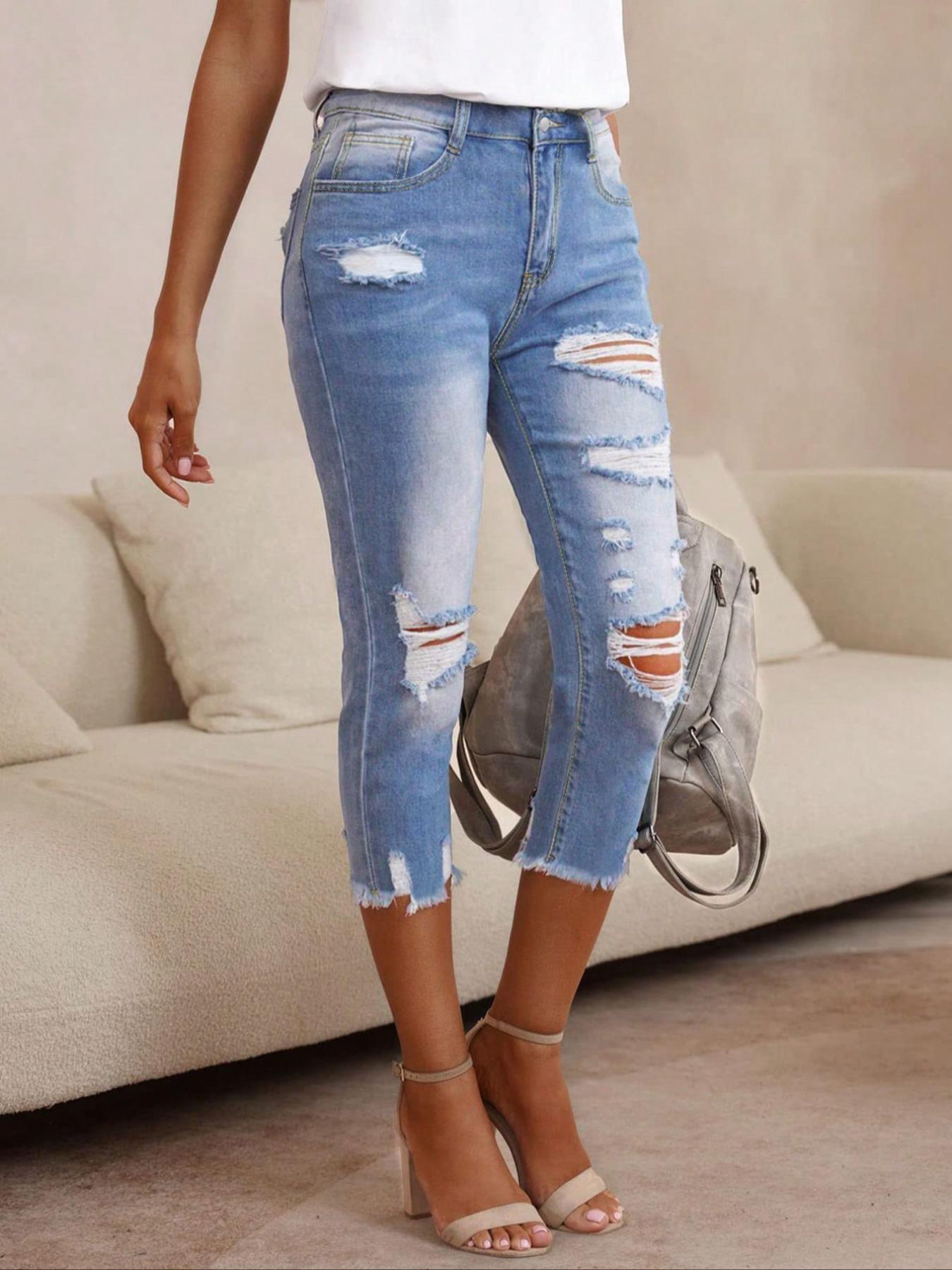 Women's Plain Ripped Raw Hem Skinny Jeans, Casual Pocket Button Cropped Capris Denim Pants for Summer, Capri Pants, Fashion Women's Denim for Daily Wear