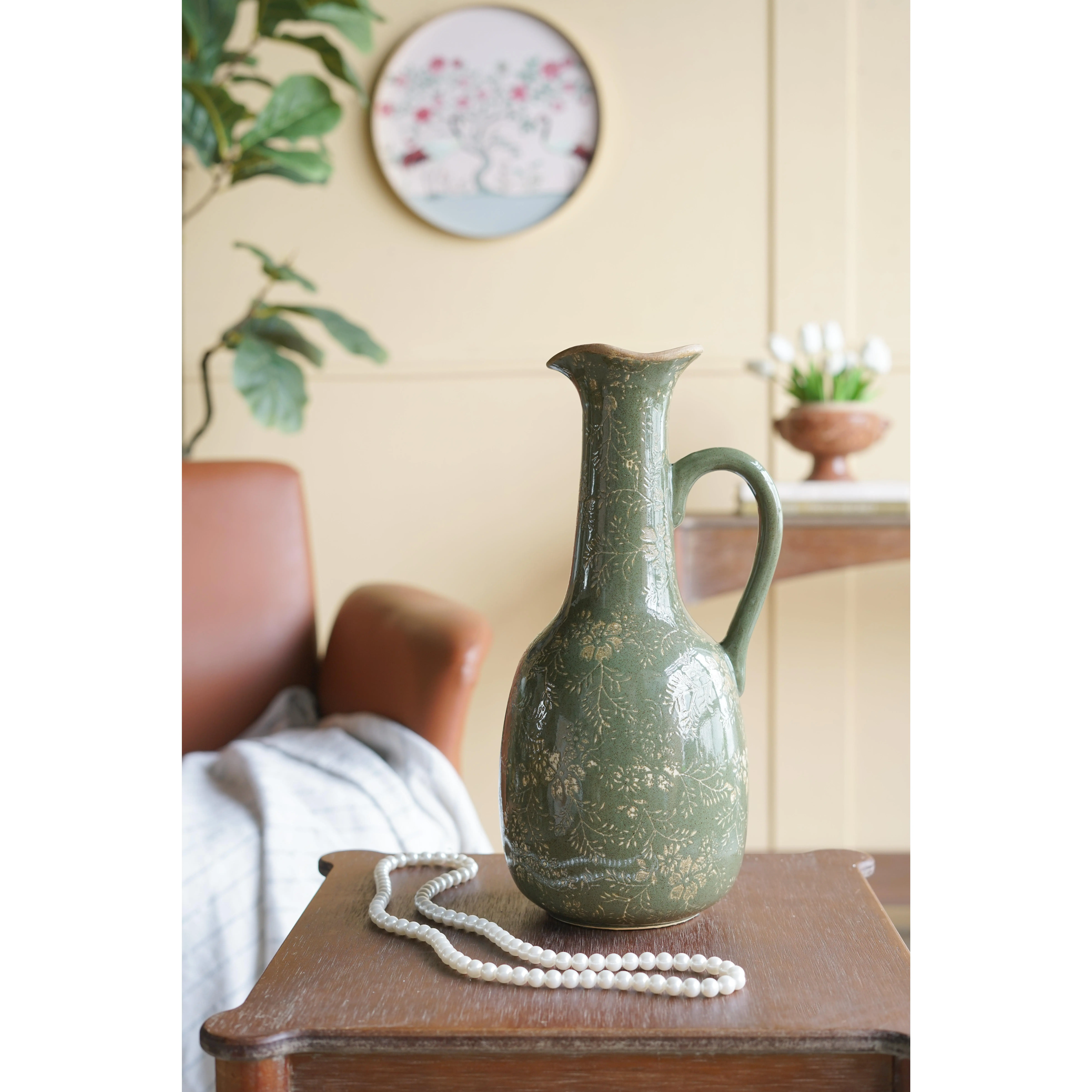 ARCH Ceramic Pitcher Vase 7.1x6.1x14.2 Inch Olive Green Floral Motif Vase for Living Room Entryway Bedroom Kitchen Farmhouse French Country Traditional Eclectic Decor, 100% Ceramic, 3.3 lbs, Single, Green Color Options, Ceramic Material
