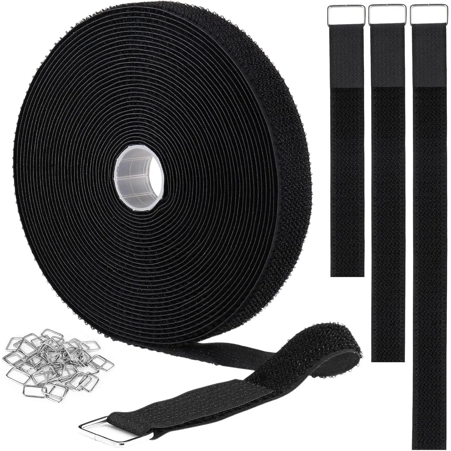 1"x32ft Hook and Loop Straps with 50 Metal Buckles, Adjustable Fastening Cable Straps, Cut-to-Length Cinch Strap, Reusable Nylon Securing Cord Ties  Organizer or Storage, 1 inch Wide, Black