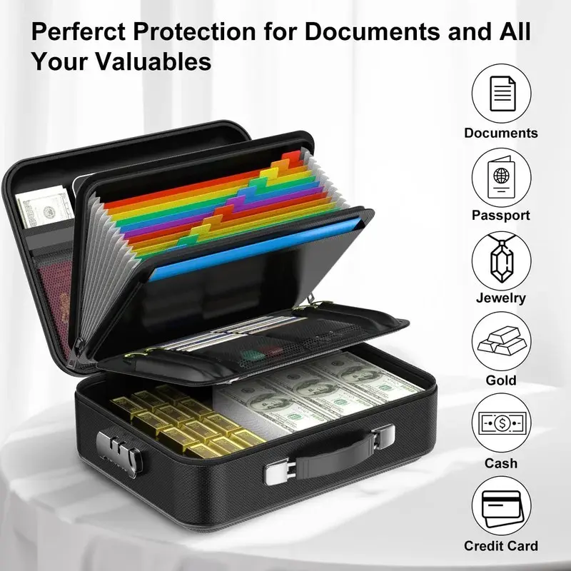Fireproof Document Box w/ Accordion Organizer, Fireproof File Organizer & 3-Digit Lock, UL Certified Fireproof Safe, Heat & Water Resistant Storage Case for Papers, Certificates, Cash, Security Organizer for Home, Office & Emergency Storage Use, Blac