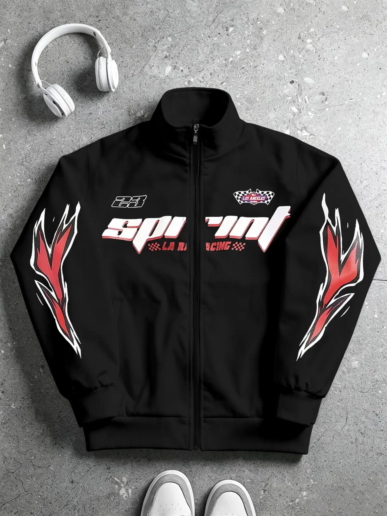 American Racing Style Sprint Gradient Letter Flame Stand Collar Zipper Jacket, Casual Versatile Men's Fall Winter Motorcycle Riding Short Baseball Coat
