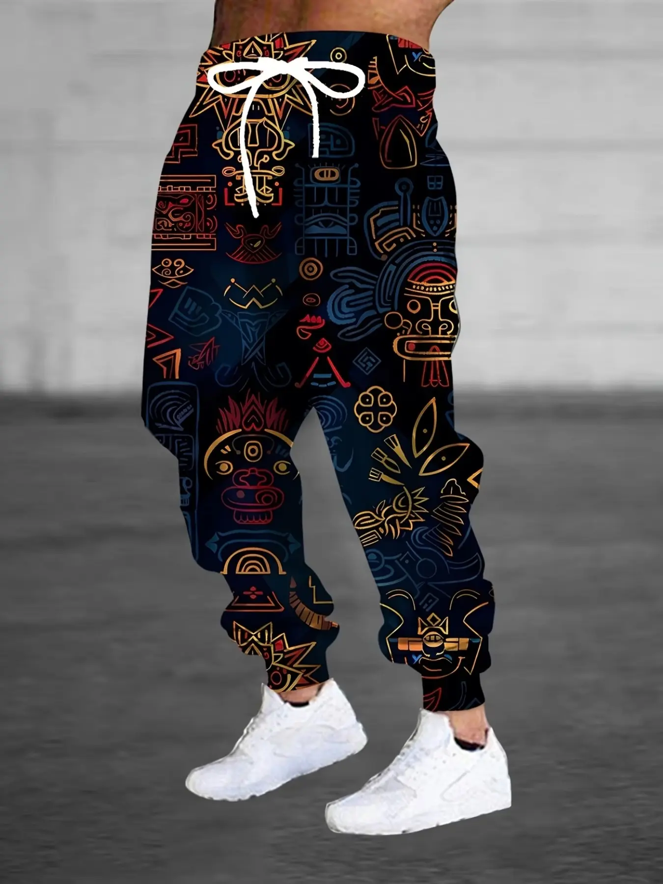 Men's Fashionable 3D Abstract Tribal Pattern Print Sweatpants, Mid Waist Ankle Length, Casual Fitted Knit Pants with Drawstring and Pockets