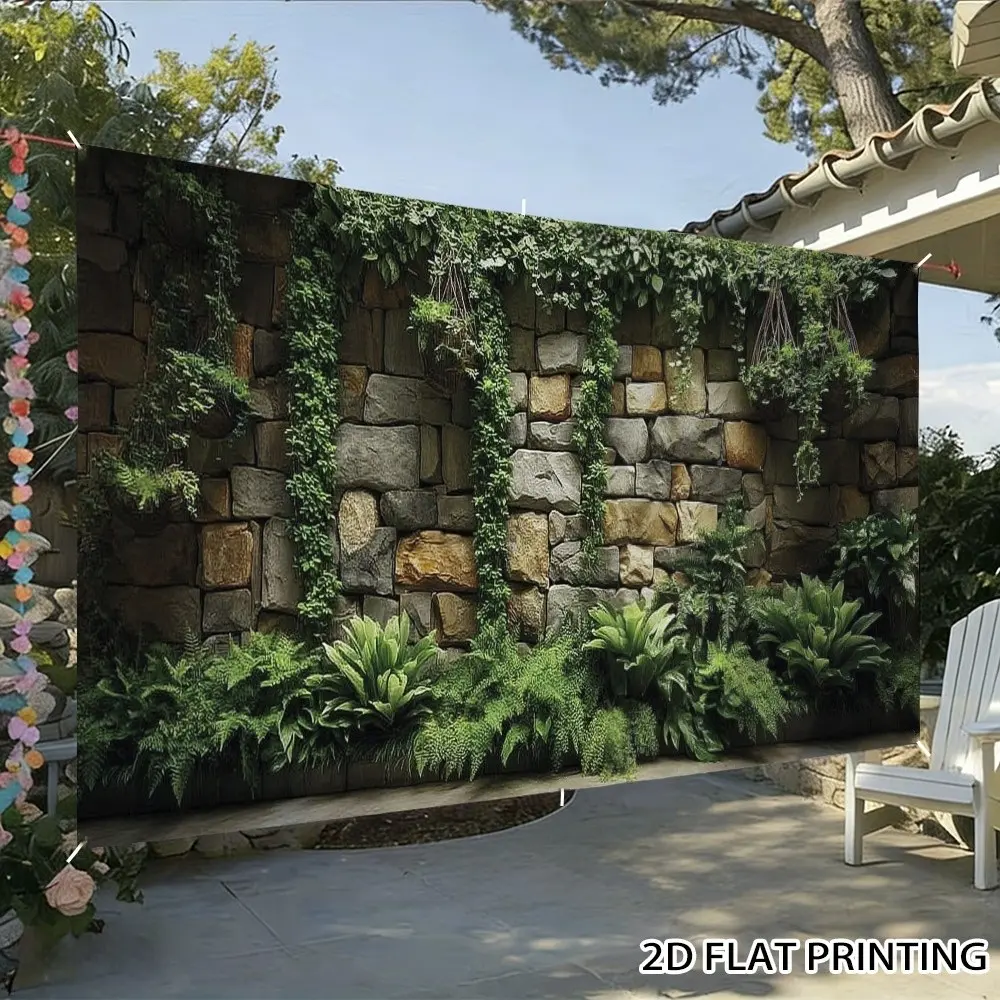 2D Flat Banner 1pc, Party Backdrop Decoration, Party Decoration Supplies, forest-style green stone wall wedding backdrop fabric, rough-hewn stone wall with hanging vines and ferns, suitable for forest-style weddings, polyester material