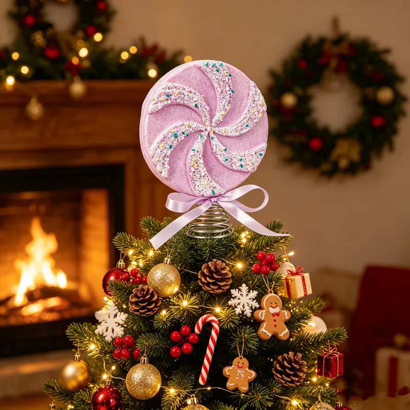 1 piece of macaron-style lollipop ice cream Christmas tree topper candy, with 3D spiral patterns and glitter embellishments, suitable for home, garden, and shop window decoration, ideal for gifting