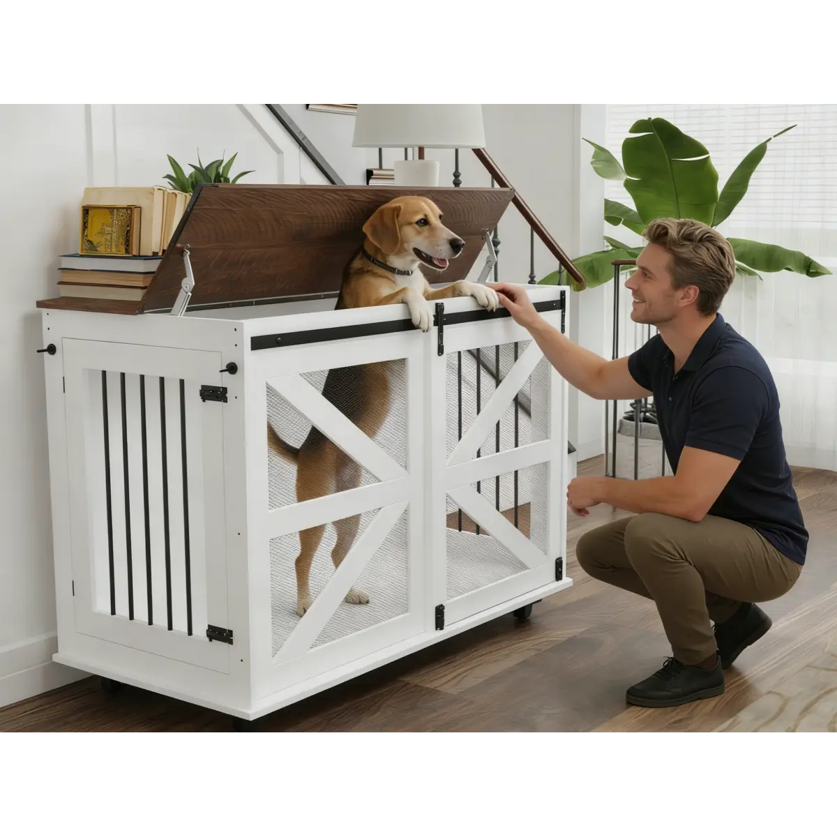 47.2" Mobile Dog Crate with Flip-Top Feeding Door, Dual-Access & 5 Caster System (2 Locking), Side Hooks - Multi-Functional Pet Kennel,double dog crate furniture