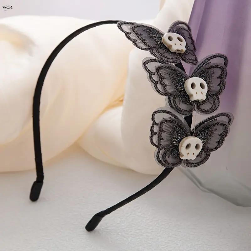 Gothic Skull Butterfly Headband for Women Girls, Black Mesh Embroidery Butterfly Hair Band with Skeleton Skull Decor, Vintage Dark Style Thin Hair Hoop, Elegant Party Cosplay Daily Halloween Hair Accessory