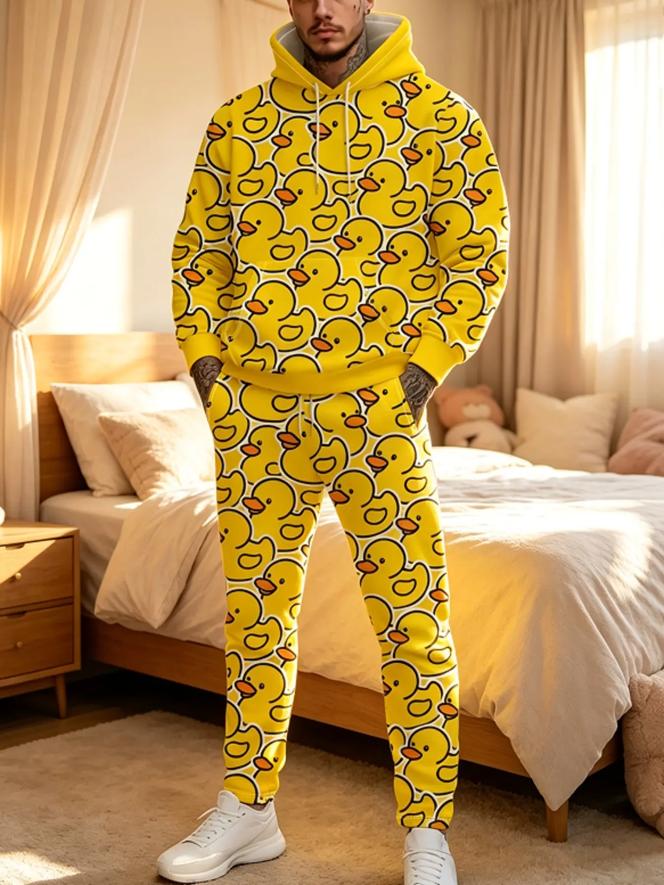 Men's 2 Piece Tracksuit Cute Yellow Duck Full Print Oversized Hoodie and Jogger Pants Set Casual Long Sleeve Hooded Outfit Street Loungewear Casual Loose Tracksuit