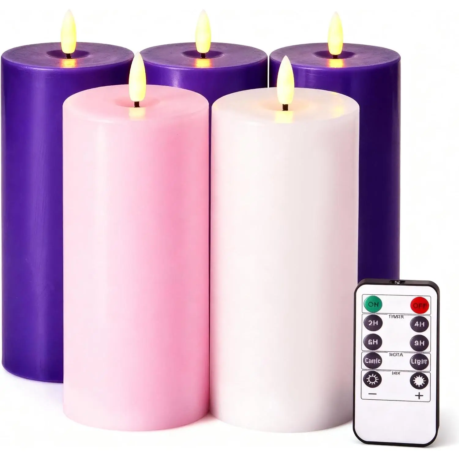 Pillar Candles Set of 5, Battery Operated Advent Candle Set with Remote and Timer, 3x6 Pink and Purple Pillar Candle Set, Flameless Advent Candles for Advent Wreath Pillar Candle Holder