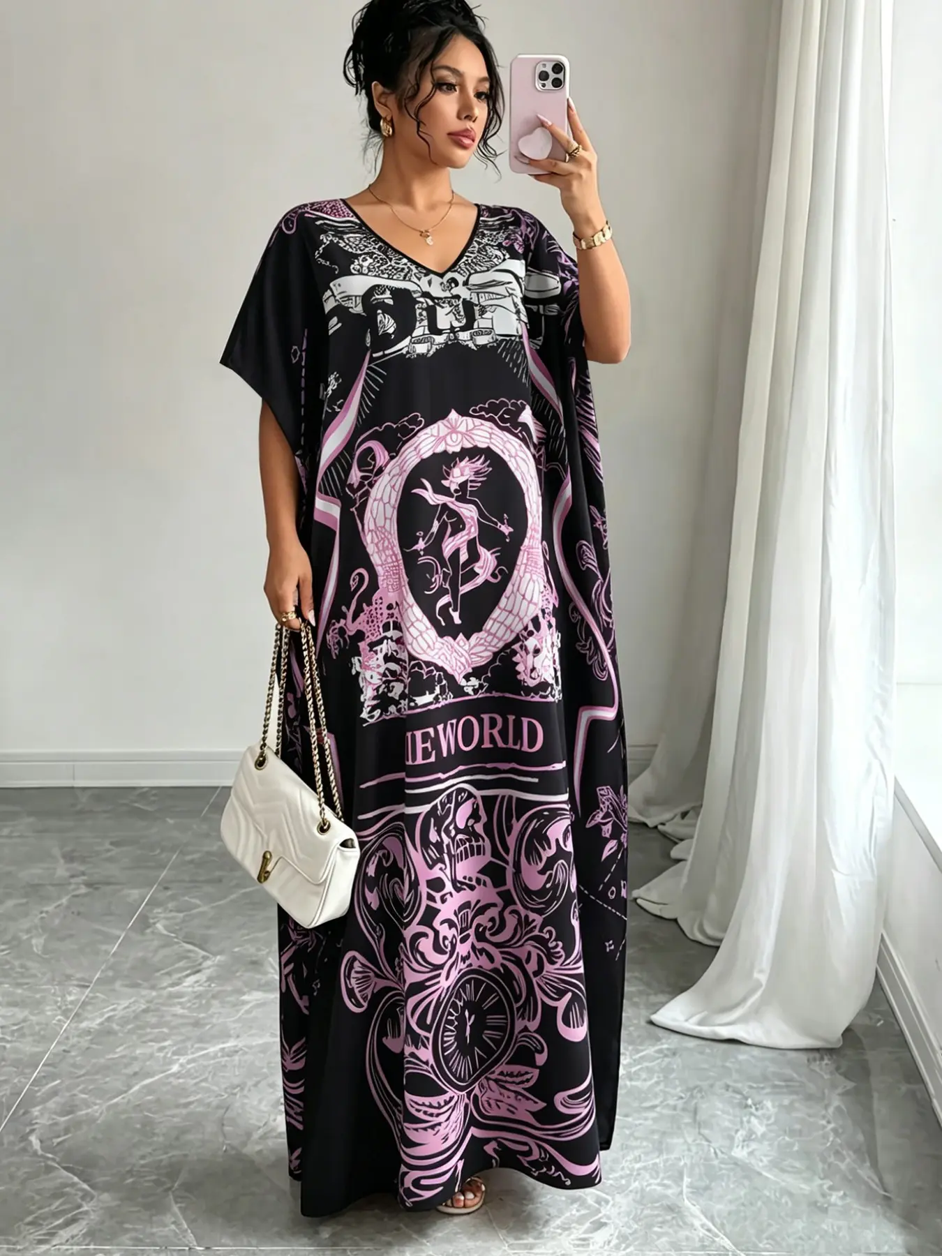 Women's Muslim Dress, Modest Summer Outfit, Casual V-Neck Batwing Sleeve, Loose-Fit Ethnic Print, Split Hem Long Dress, Ideal for Daily Wear & Beach Vacation