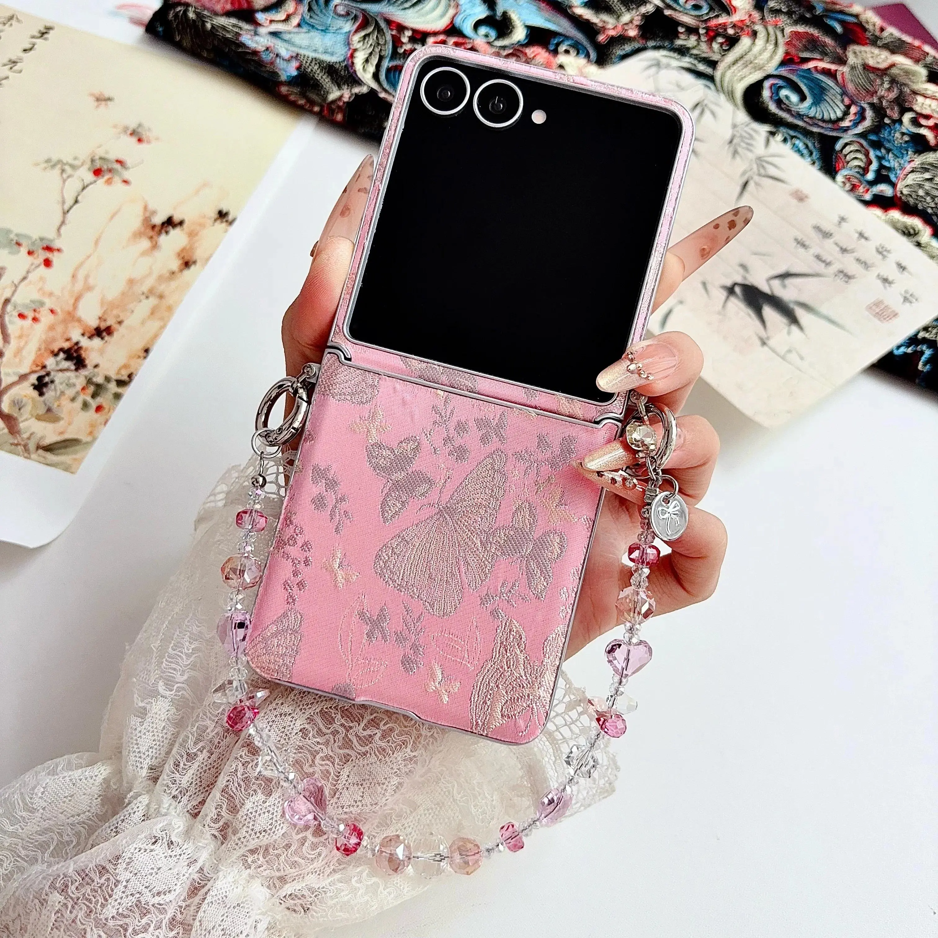 Fashionable Embroidered Butterfly Leather Phone Case for Samsung Z Flip 8 7 6 5 Strap Shockproof Slim Skin Feel Portable Cover