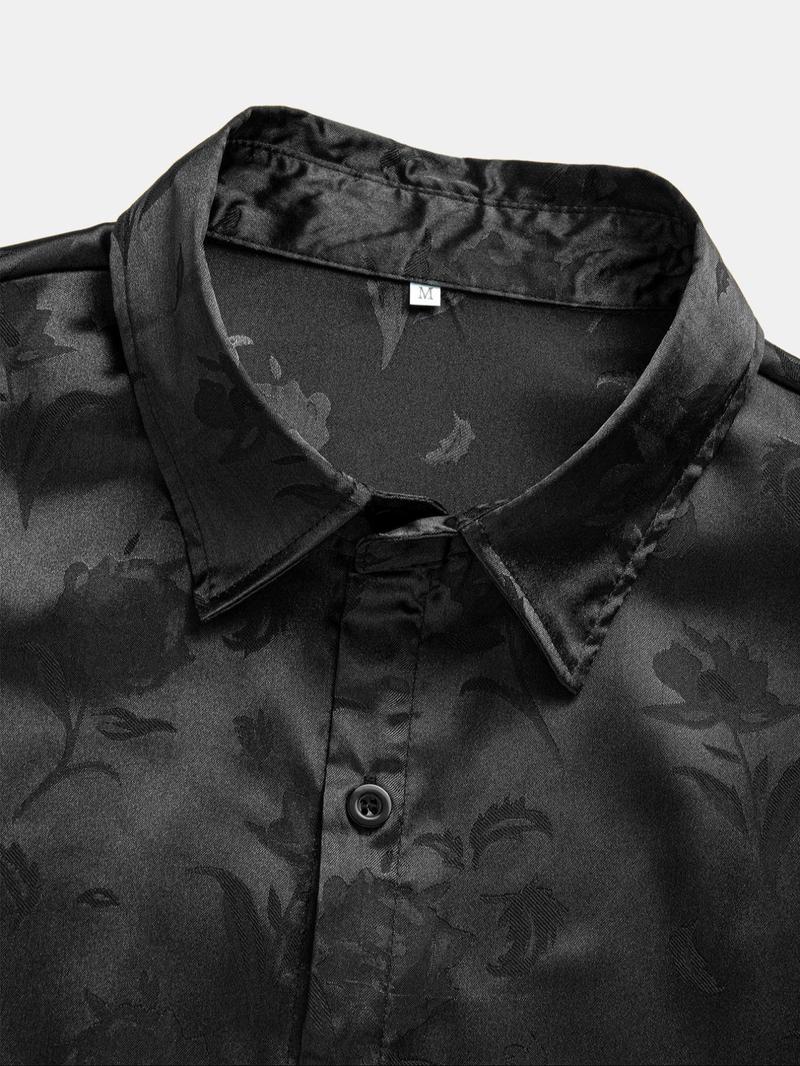 Men's Rose Print Jacquard Shirt, Regular Fit Short Sleeve Collared Top for Summer, Fashion Men's Clothes for Daily Wear, Casual Stylish Menswear