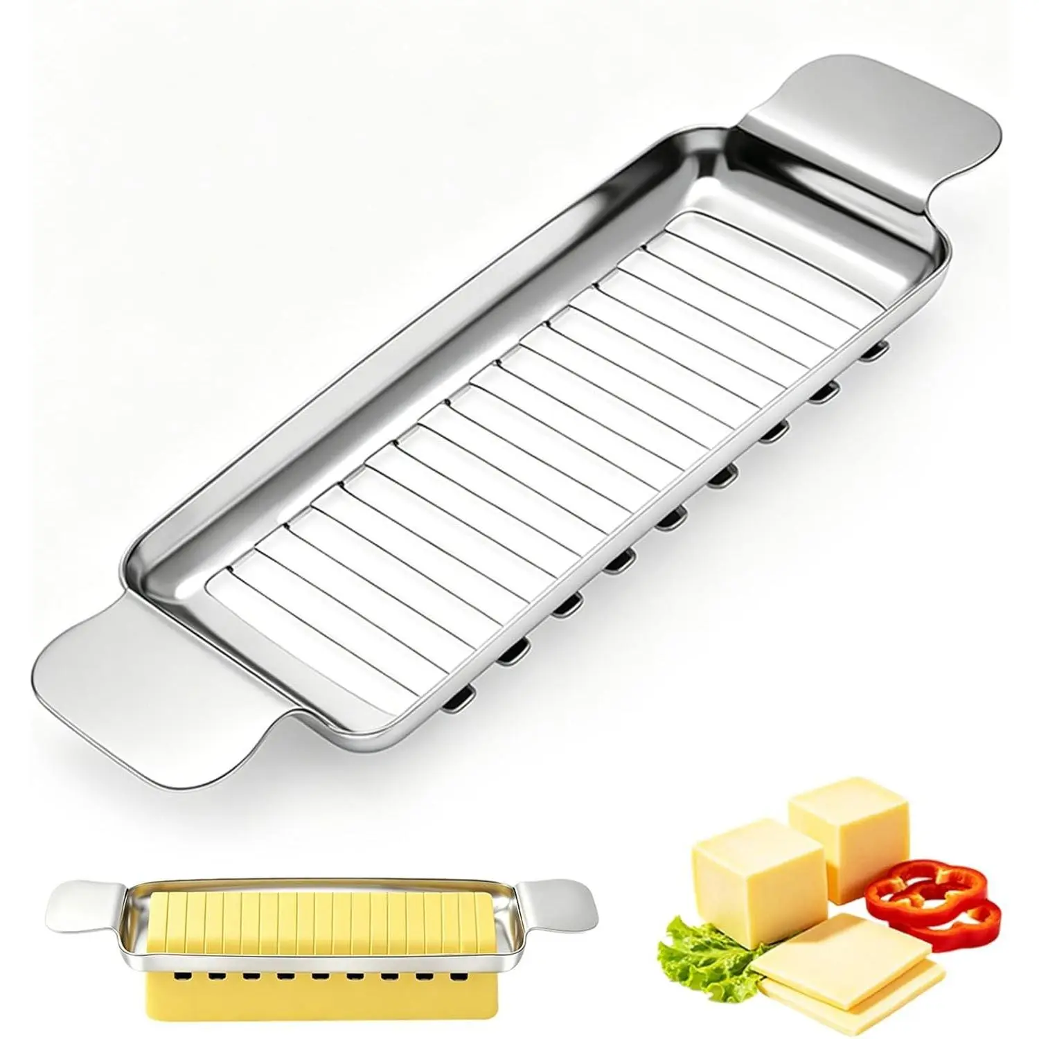 Stainless Steel Butter Cutter & Cheese Slicer, Dishwasher Safe Wire Slicer for Butter Sticks, Soft Cheese, Eggs, Tofu, Fruit, Lunch Meat, Ergonomic Grip, Easy Cleanup