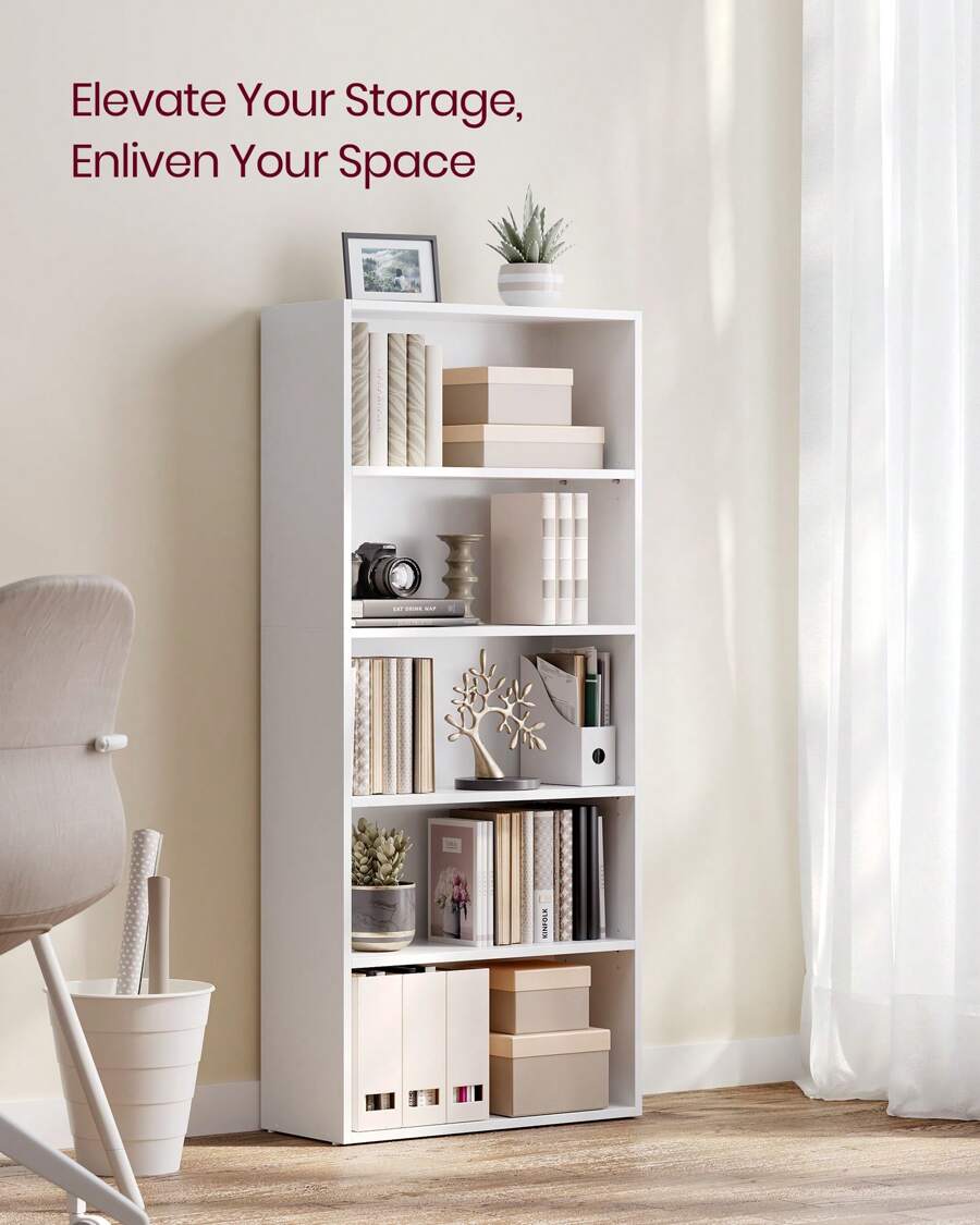 5-Tier Open Bookshelf, Adjustable Storage Shelves Floor Standing Bookcase, 9.4"D X 23.6"W X 52.7"H, Space-Saving Organizer for Home, Office, Living Room, Bedroom, Home Decor