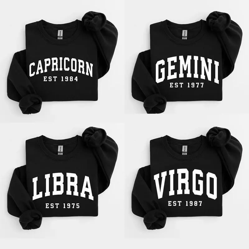 Retro Zodiac Constellation Graphic Pullover Sweatshirt - Longsleeves, Polyester Round Neck, Pocketed, Abstract Design, Casual Streetwear Top, Ideal Birthday Gift