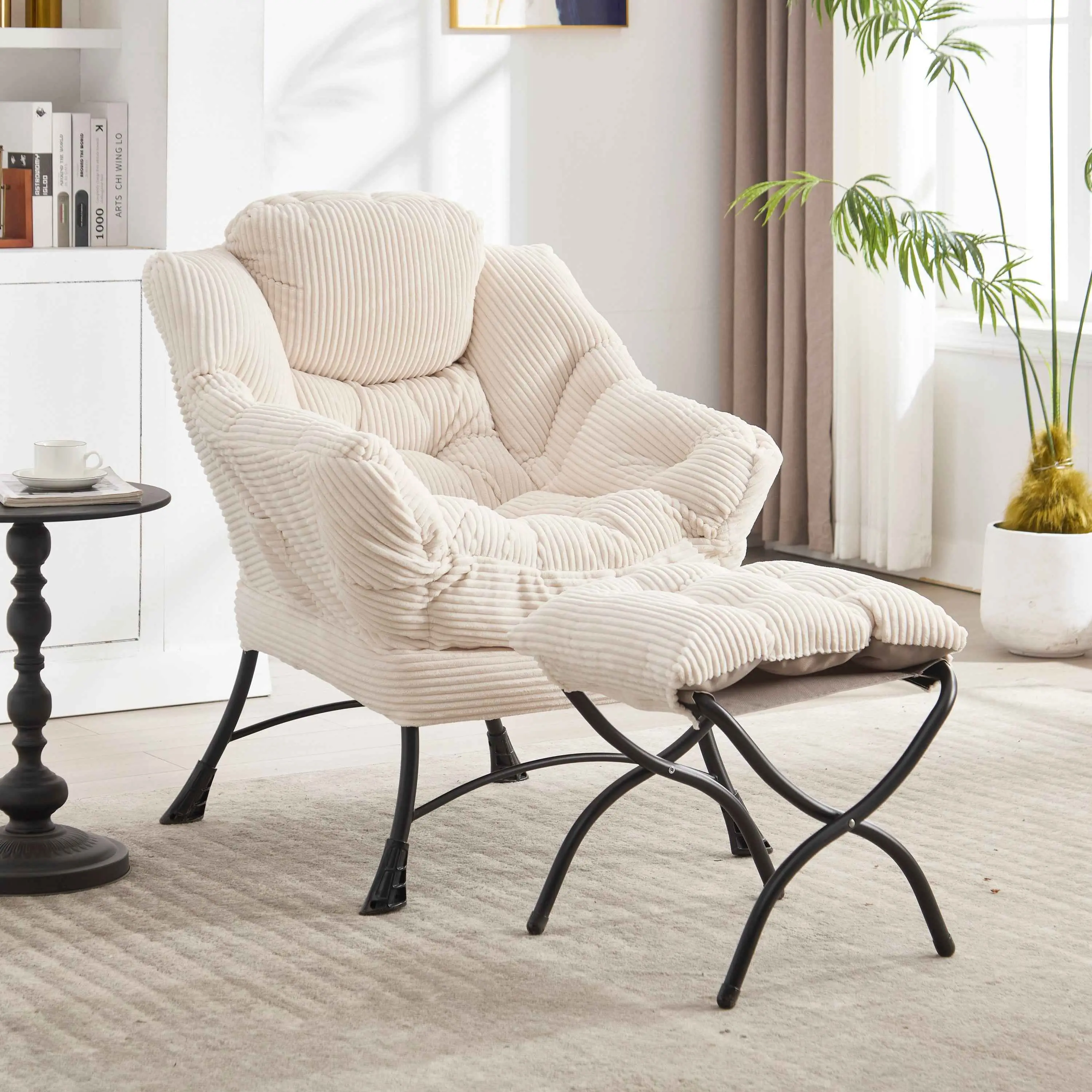 Lazy Chair with Ottoman, Modern Lounge Accent Chair with Armrests and a Side Pocket, Leisure Upholstered Sofa Chair Reading Chair with Footrest for Small Space, Corner Chair-White