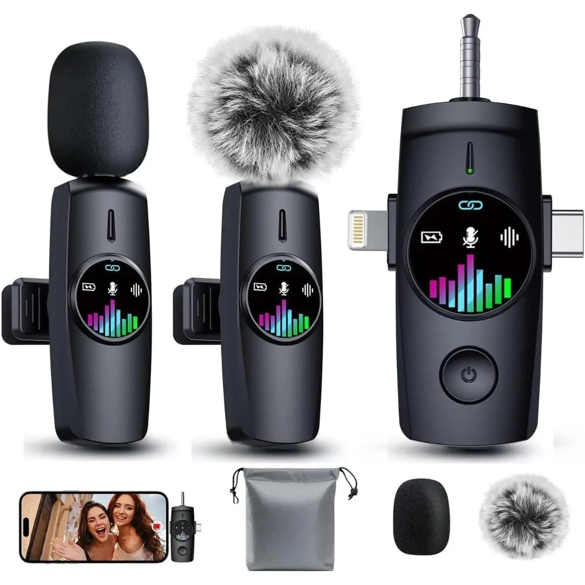 3-in-1 Wireless Lavalier Microphone: Mini Microphone 20H Battery, 80ft Range, DSP Noise Cancel - Plug & Play for iPhone Android, Live Streaming, Content Creators Programmes