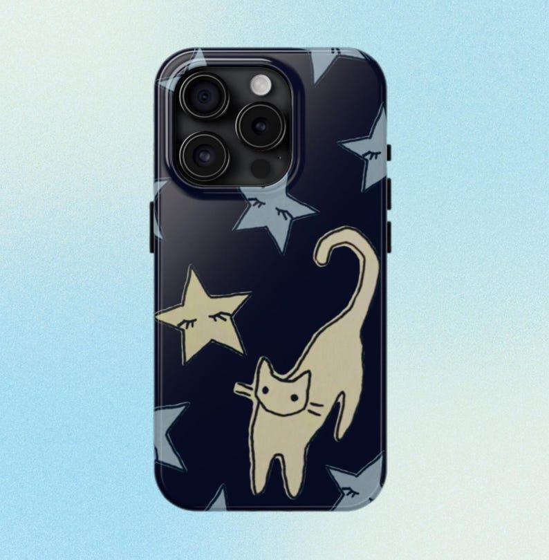 Cat and Stars Phone Case Cute Animal Celestial Dreams Night Girly Hand-Drawn Suitable for IPhone Pro Max17 16 15 14 13 12
