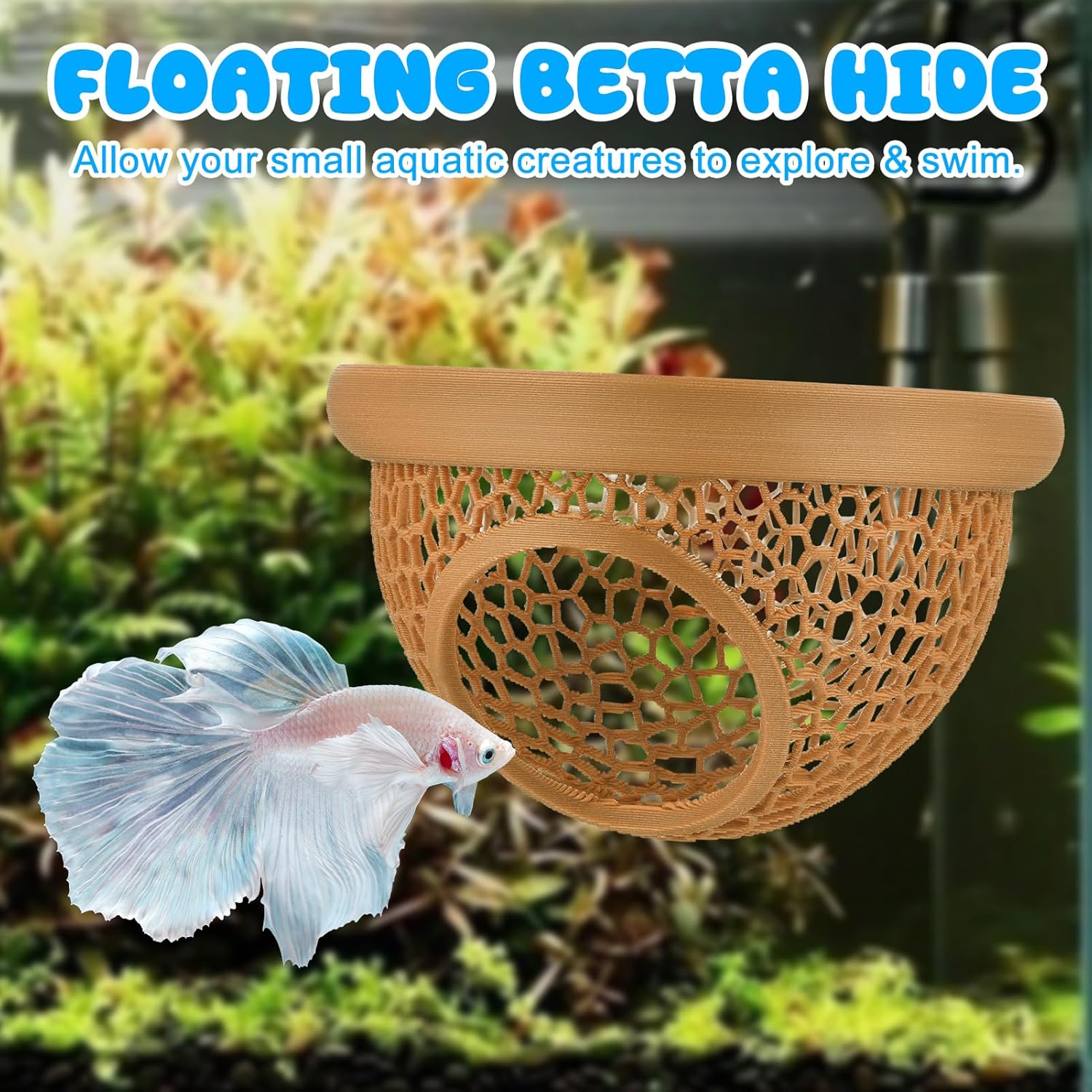 Floating Betta  & Shrimp Cave -  Printed Aquarium Hammock, Feeder & Rest Spot - Floating Betta Log & Cave Decor for Nano Tanks, Corydoras, Shrimp & Small Fish - Safe PLA,  Pending