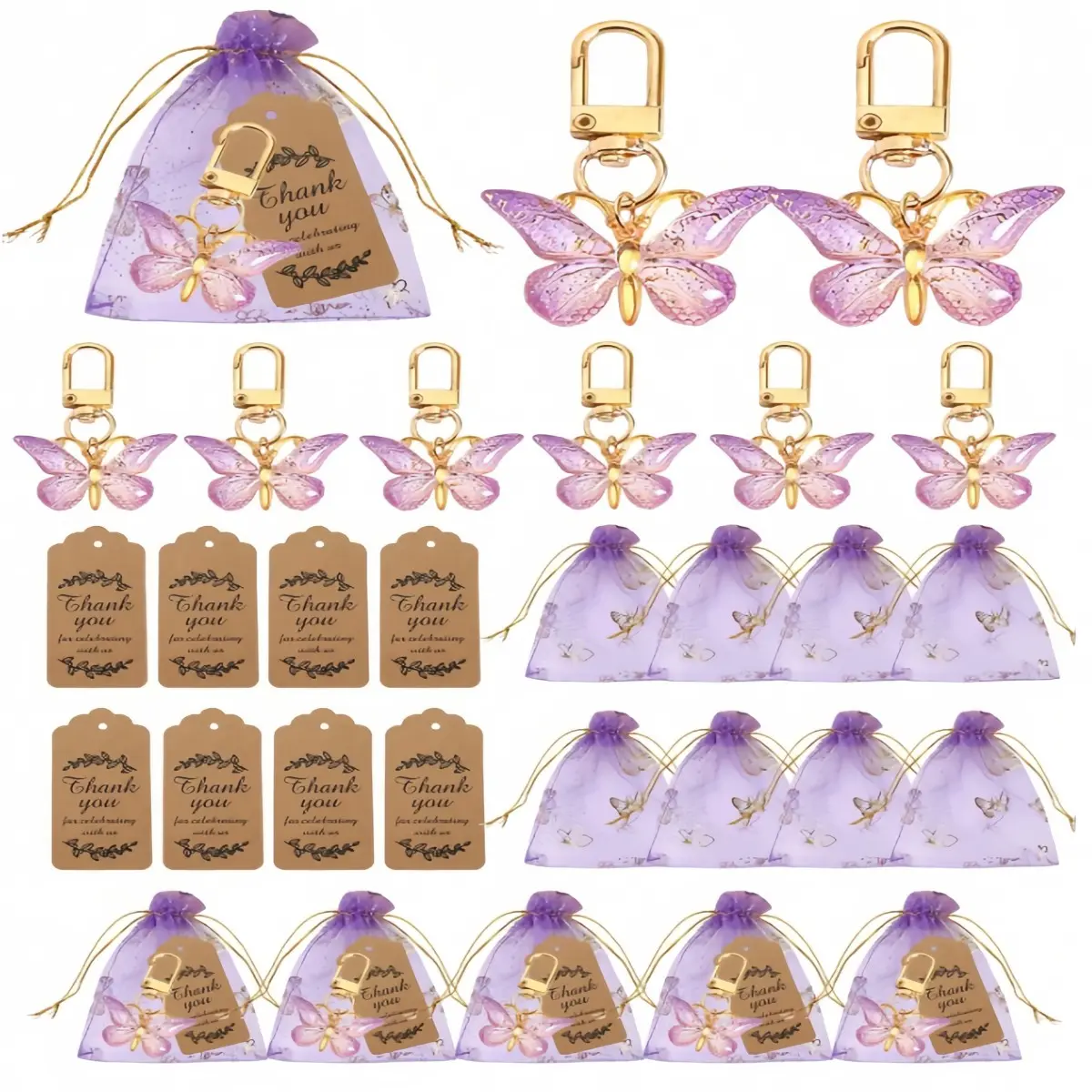 6/12 set of butterfly keychain purple gift set, Cute keychains, including acrylic keychain, card, and transparent hot stamping butterfly gauze bag, suitable for gender disclosure, wedding shower, birthdays, weddings, Christmas parties, gifts for friend