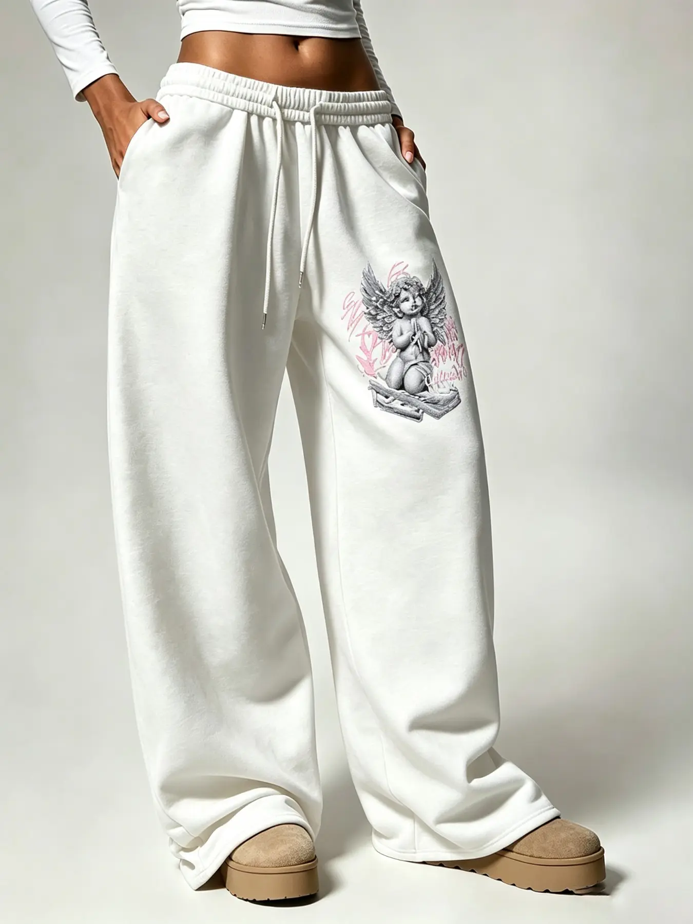 Vintage Cherub Angel Graffiti Print Elastic Drawstring Waist Wide Leg Sweatpants Retro Hip‑Hop Aesthetic / Street Shooting / Dating / Weekend Hangout Trendy Baggy Loose Fit Comfortable Women Casual Daily Wear Bottoms