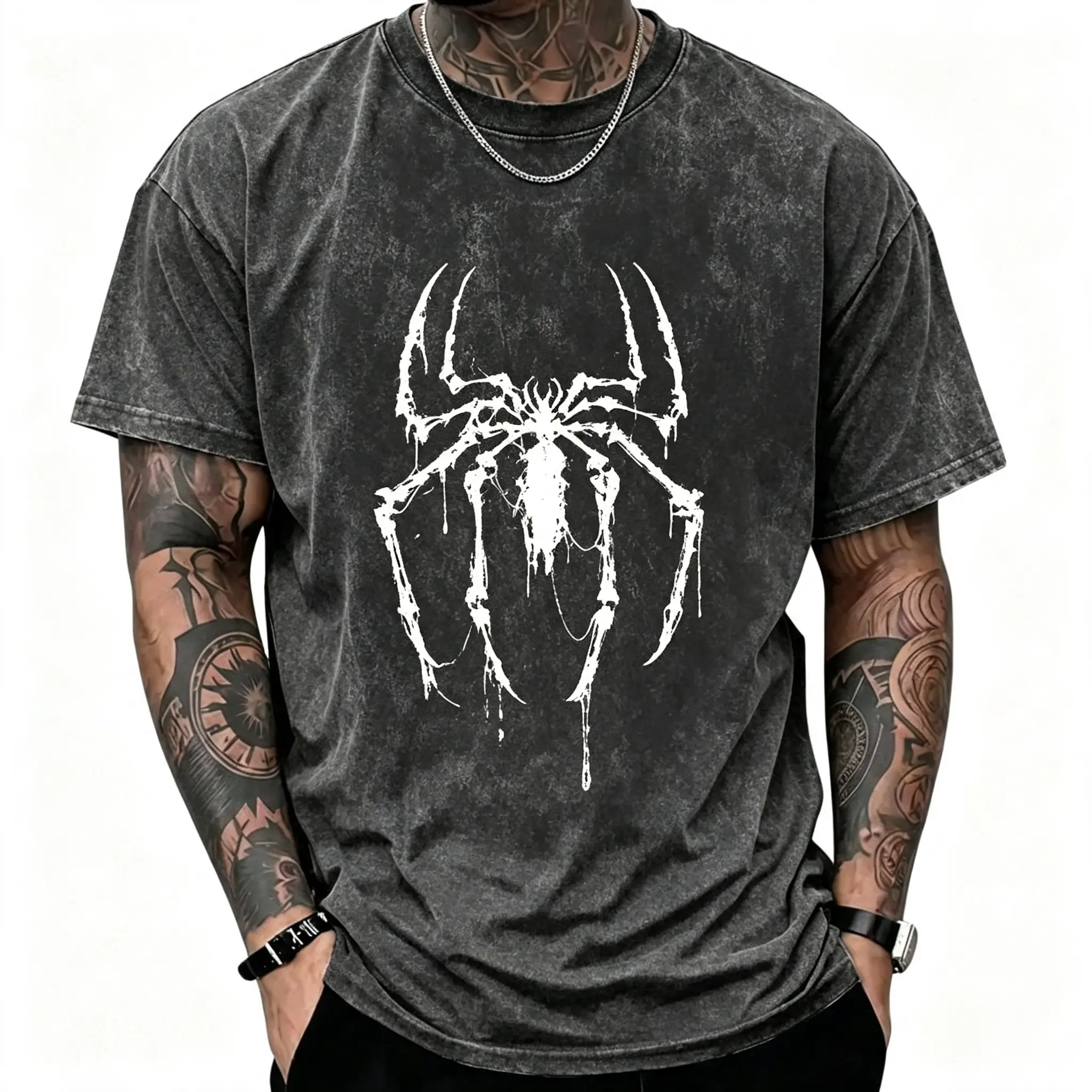Unisex Acid Wash Spider Graphic Tee Heavyweight Cotton Oversized Boxy Fit Shirt Dark Streetwear Goth Vintage Tops Y2K Streetwear Tee
