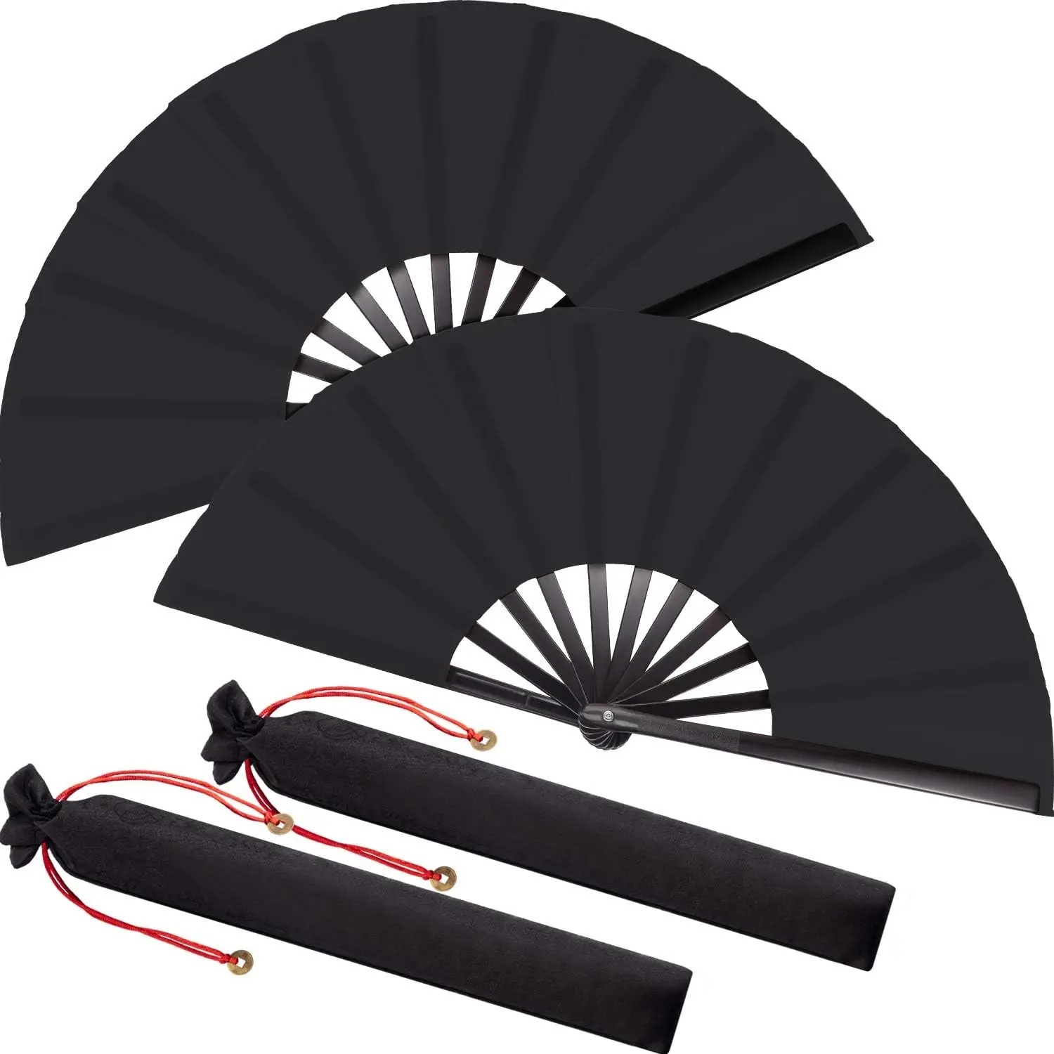 2 Packs 13'' Large Folding Hand Fans - Chinese Handheld Clap Fans for Line Dancing, Tai Chi, Festival, Kung Fu, Martial Art, Ideal Gift, Includes 2 Pouch (Black)