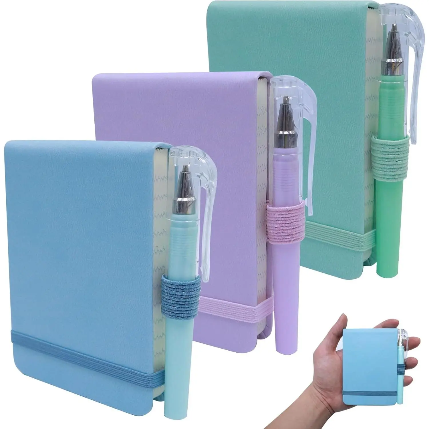 Pack of 3 A7 Pocket Size Mini Notebooks with Pen, PU Leather Hardcover, Elastic Band, Detachable Sheets for Office, School & Travel Journaling (Office Stationery)