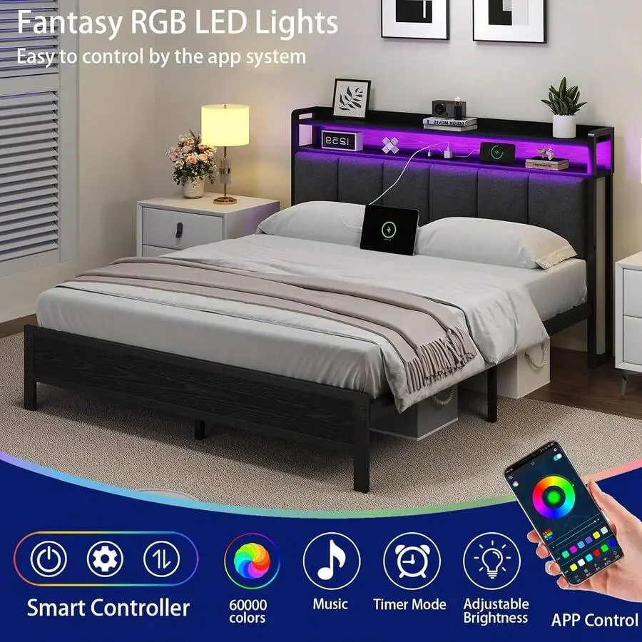 Queen Bed Frame With Storage Headboard, LED Bed Frame With Charging Station, Upholstered Platform Bed Frame With Heavy Duty Metal Slats, No Box Spring Needed, Easy Assembly, Twin/ Full/ Queen/ King, Black/ White/ Beige(USB LED Strip)