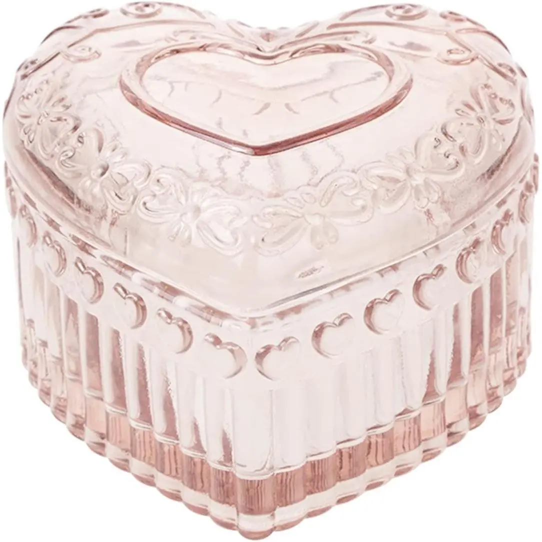 Pink Heart-Shaped Glass Jewelry Organizer Box - Vintage Makeup Vanity Storage for Rings, Earrings, Trinkets - Decorative Gift for Women, Wife - GRB003