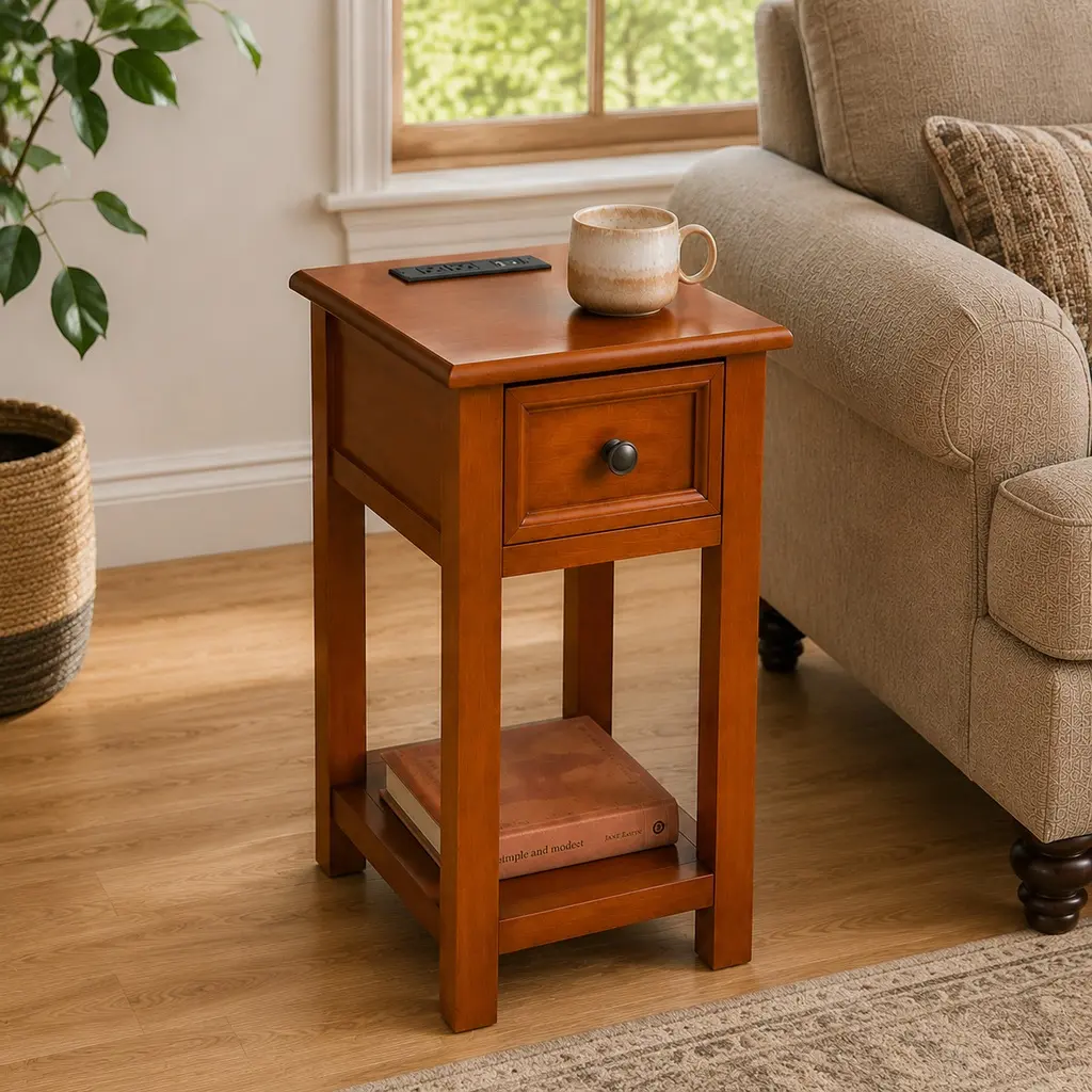 ARCH Mission Style MDF End Table with Drawer, Shelf, Charging Station, 2 AC Outlets & USB Ports - Compact Nightstand for Living Room, Bedroom - 23.63 w x 14.17 d x 23.63 h in, 27.34 lb, Assembly Required, Walnut Finish