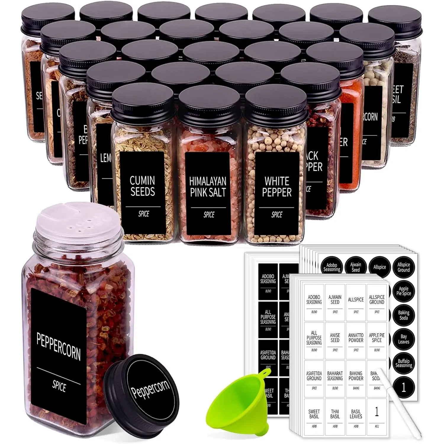 Transparent Durable Glass Spice Jars Set (25-Pack, 4oz Square) - Airtight Modern Kitchen Containers with Black Metal Caps, Shaker, 547 Labels, Funnel & Chalk Pen for Neat Spice Organization