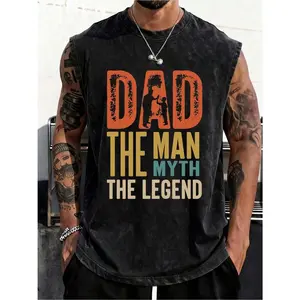 Sleeveless Pure Cotton Washed Vest with DAD THE for Man THE MYTH THE LEGEND Printed, Breathable, Soft Style, Oversized, 230g/, Streetwear Aesthetic Style, Suitable for Daily Wear, Perfect Gift for Outdoorsy and Teenager(youth), for Teenager