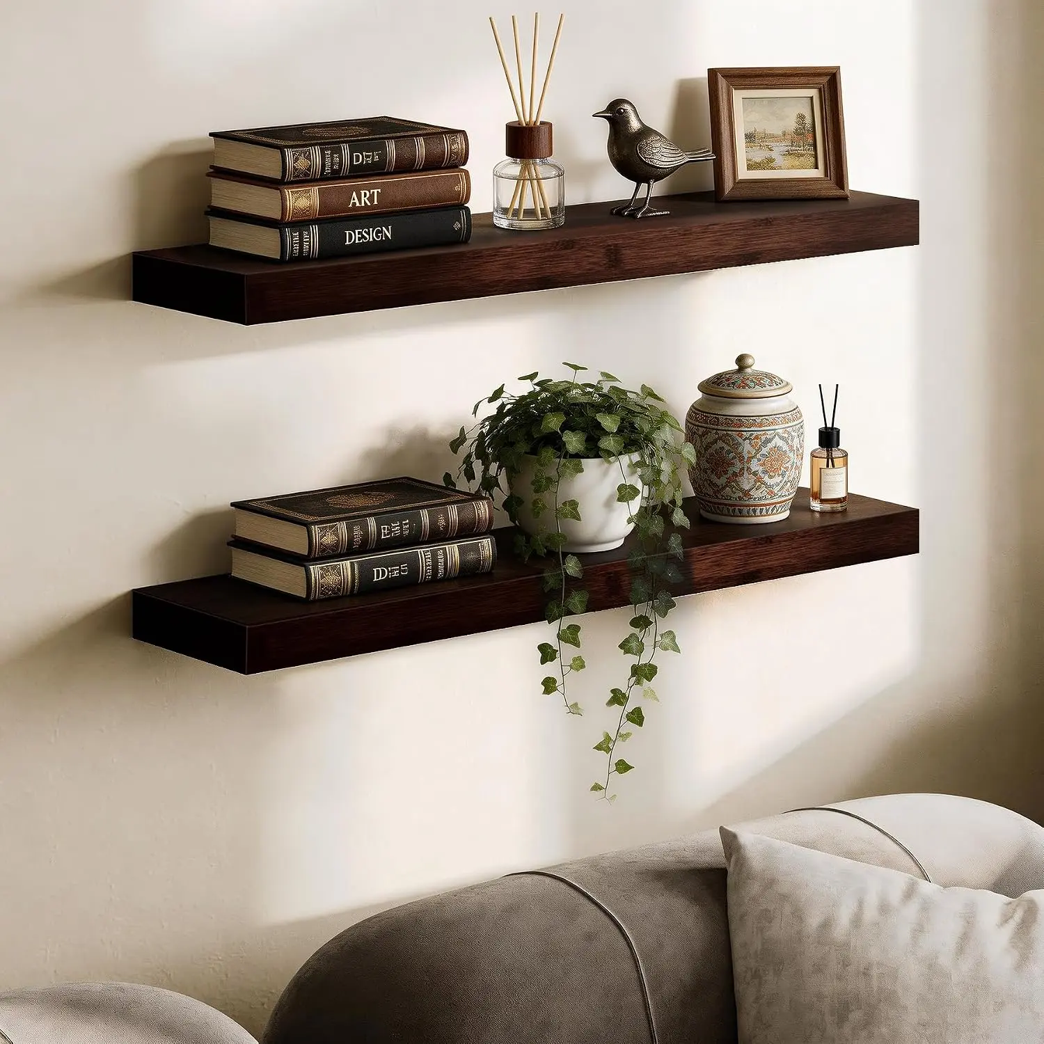 Solid Bamboo Floating Shelves, Set of 2 with Invisible Brackets, Natural Wood Grain Decor for Living Room, Bedroom, Kitchen, Bathroom & Office Storage