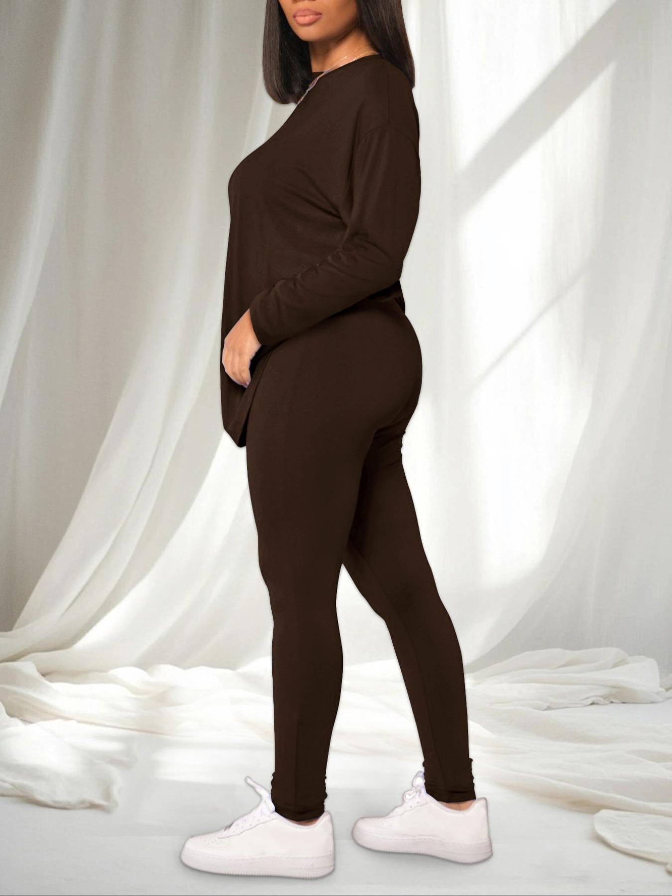 Women's Solid Drop Shoulder Tee & Elastic Waist Skinny Pants Two-piece Set, Basic Casual Fashion Cozy Round Neck Long Sleeve T-shirt & Trousers for Daily Outdoor Wear, Women's Clothing for Spring & Fall