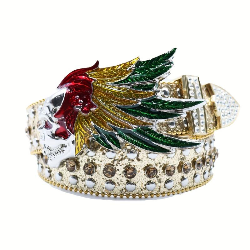 jewelry Rhinestone Black Belt Men Faux Leather Faux Leather PU Black Cross Skull Buckle Revits Belt, Unisex Western Music Festival Embellished Faux Glitter Print Belt With Rhinestone And Rivet, Music Festival Party Wear