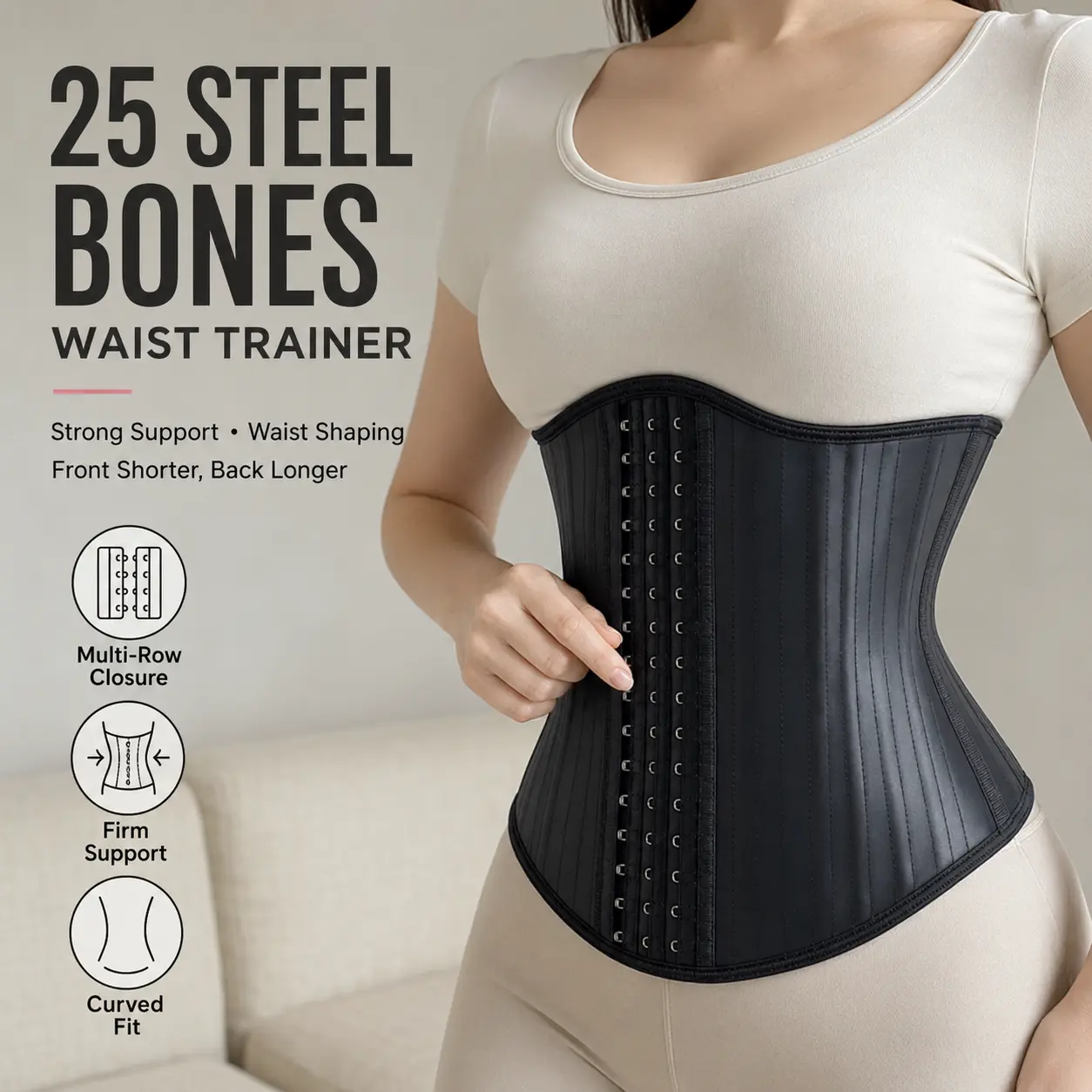 Unisex 25 Steel Bone Waist Trainer Corset, Curved Underbust Waist Cincher with Multi-Row Hook Closure, Firm Compression Body Shaper for Men & Women, Daily Wear, Workout & Outfit Layering Adjustable Shapewear