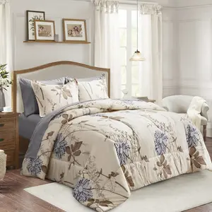 7 Piece Bed in a Bag Queen, Elegant Flower Botanical Smooth Soft Microfiber Floral Comforter Set for All Season (1 Comforter, 2 Pillow Shams, 1 Flat Sheet, 1 Fitted Sheet, 2 Pillowcases)