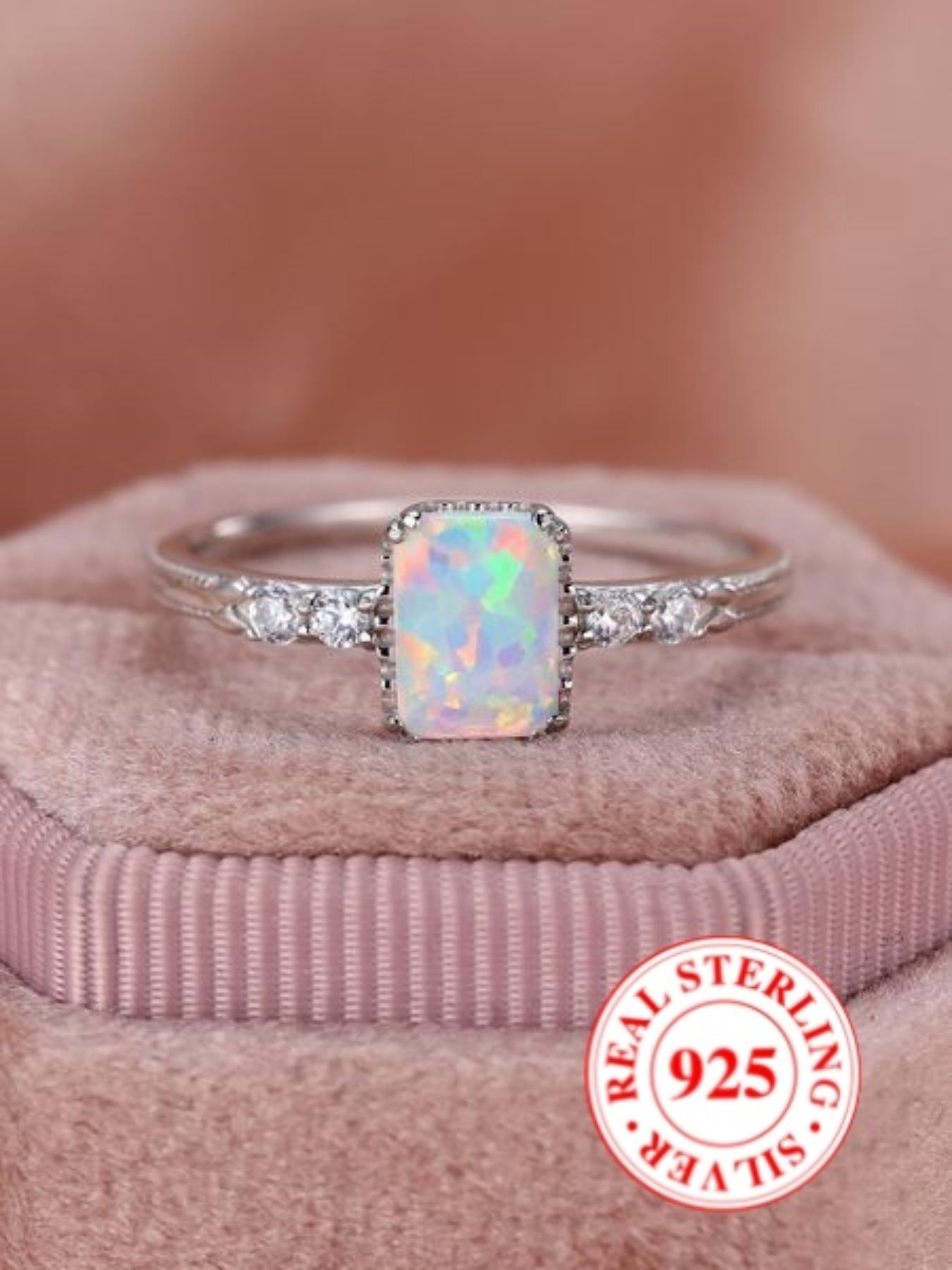 S925 Sterling Silver Fashion Rectangle Shaped Artificial Opal Ring, with Box, Simple Ring for Women, Trendy All-match & Exquisite Jewelry for Birthday Gift, Elegant Casual Ring