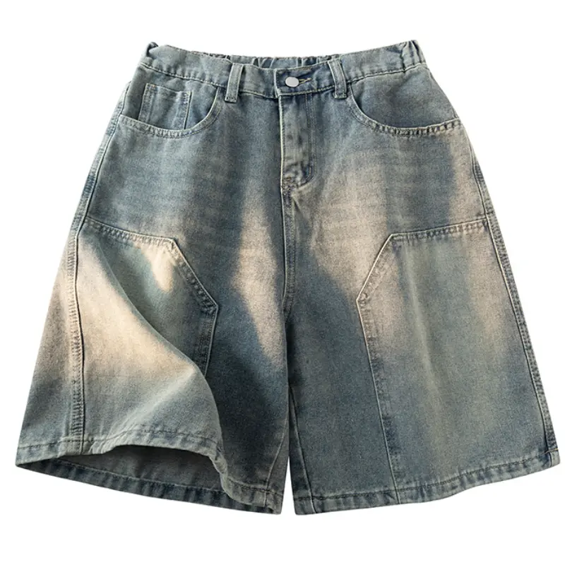Men's Carpenter Denim Shorts, Vintage Patchwork Baggy Fit, Distressed Knee-Length Oversize Streetwear Bottoms with Pockets