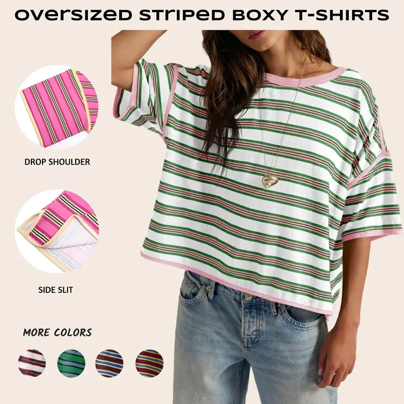 Imily Bela Oversized Womens Striped T-Shirts Summer Casual Color Block Short Sleeve Tops Drop Shoulder Boxy Tees