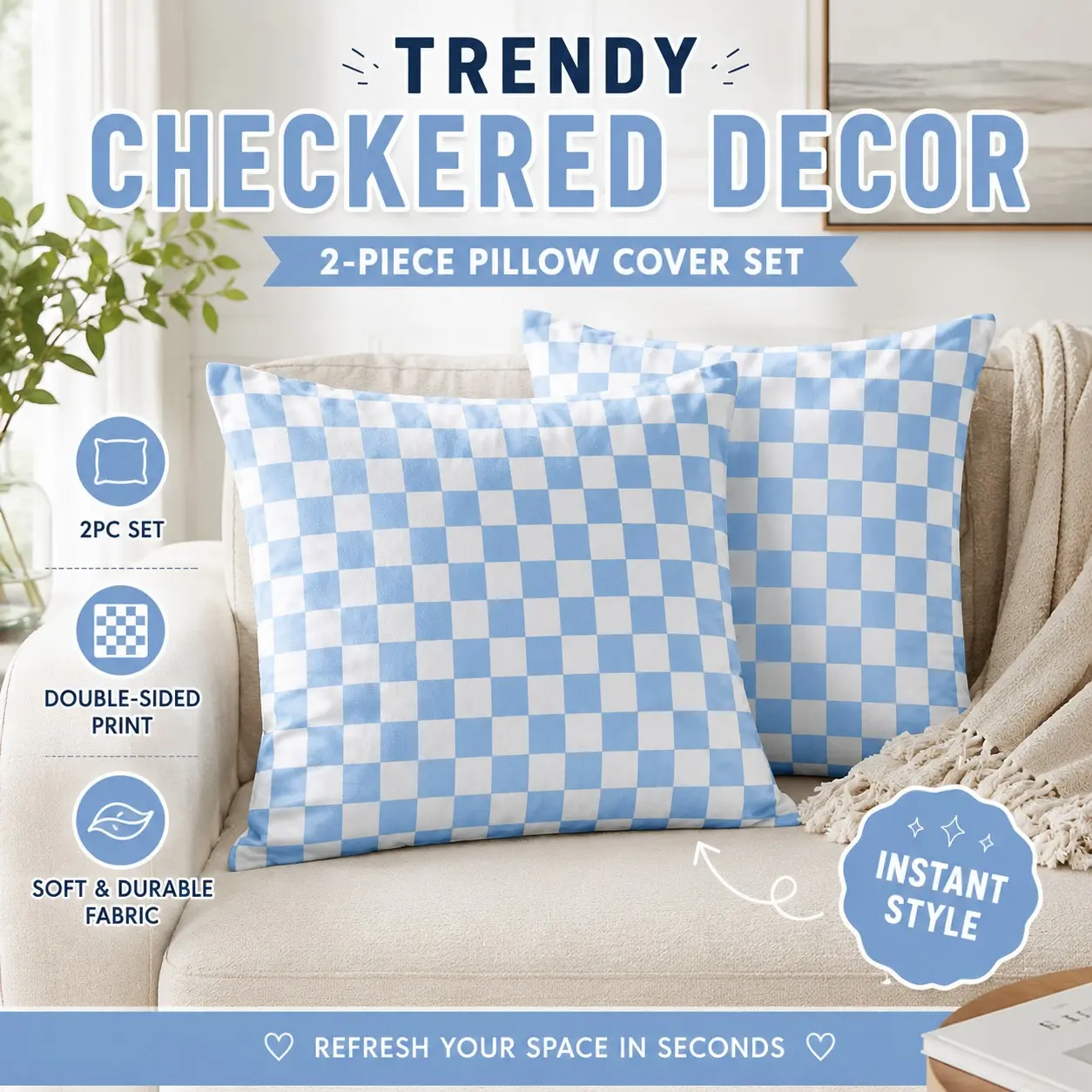 2PC Double-Sided Checkered Throw Pillow Covers - Soft Durable Cushion Cases with Hidden Zipper for Couch Sofa Bed Living Room Upgrade! All-Season Home Decor Must-Have, Holiday Party Essential & Top Gift Choice for Friends!