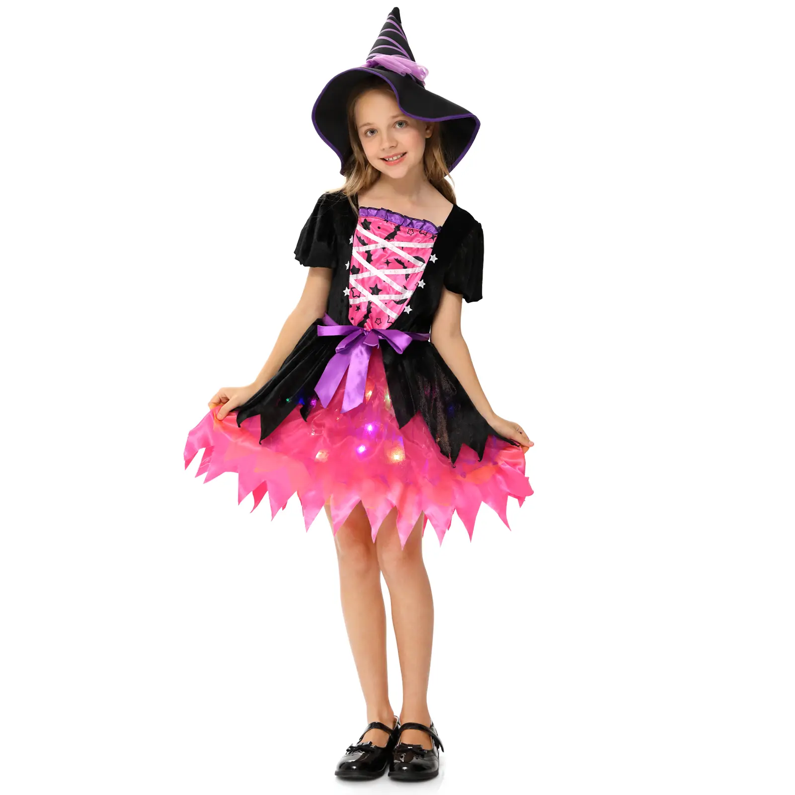 Girls Light-Up Pink Witch Costume Dress - Sparkle Glow Fairy Tale Dress-Up Outfit with Hat for Halloween & Parties - Deluxe Set (Pink, M/L)