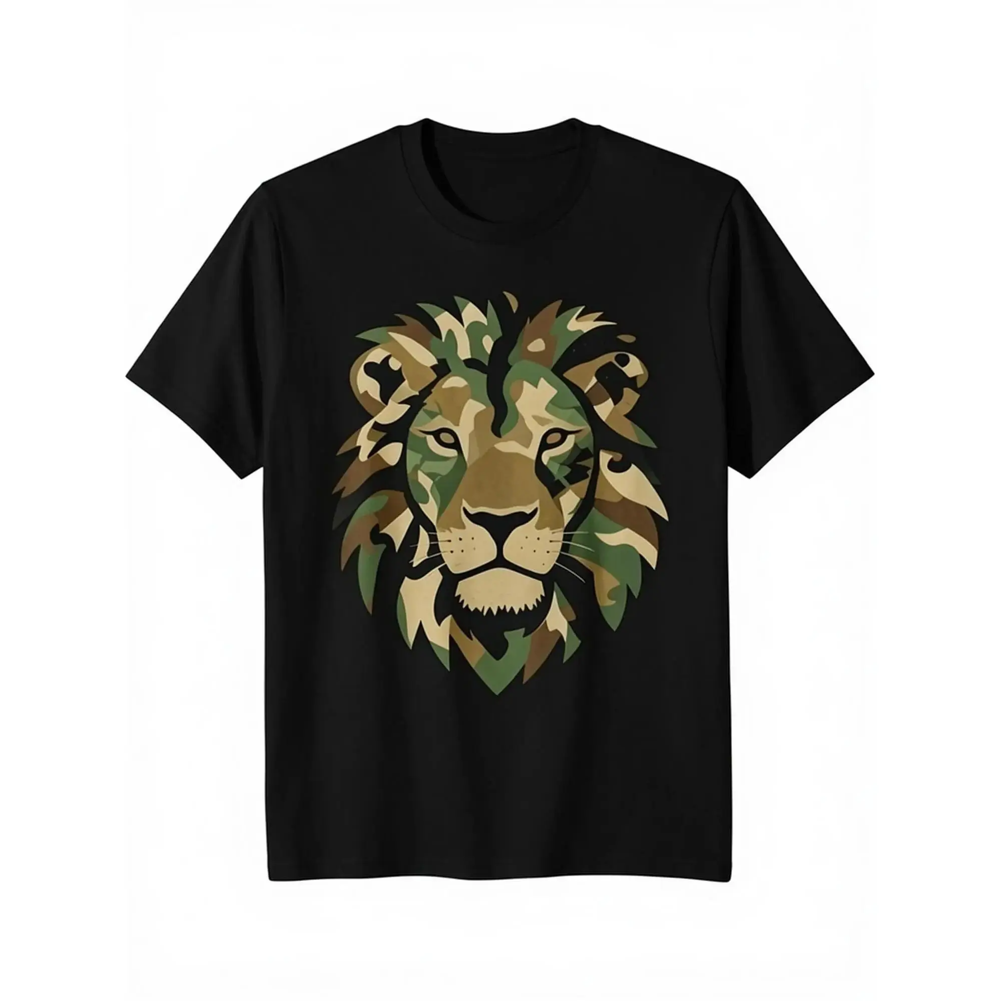Men's Stylish Casual  Jungle Camouflage Novelty Crew Neck Shortsleeve Tee - Black, Breathable Summer Apparel for Dads, Tshirt, Ribbed, Top, Classic, Fabric, Graphic, Outdoor, Menswear Animal Day
