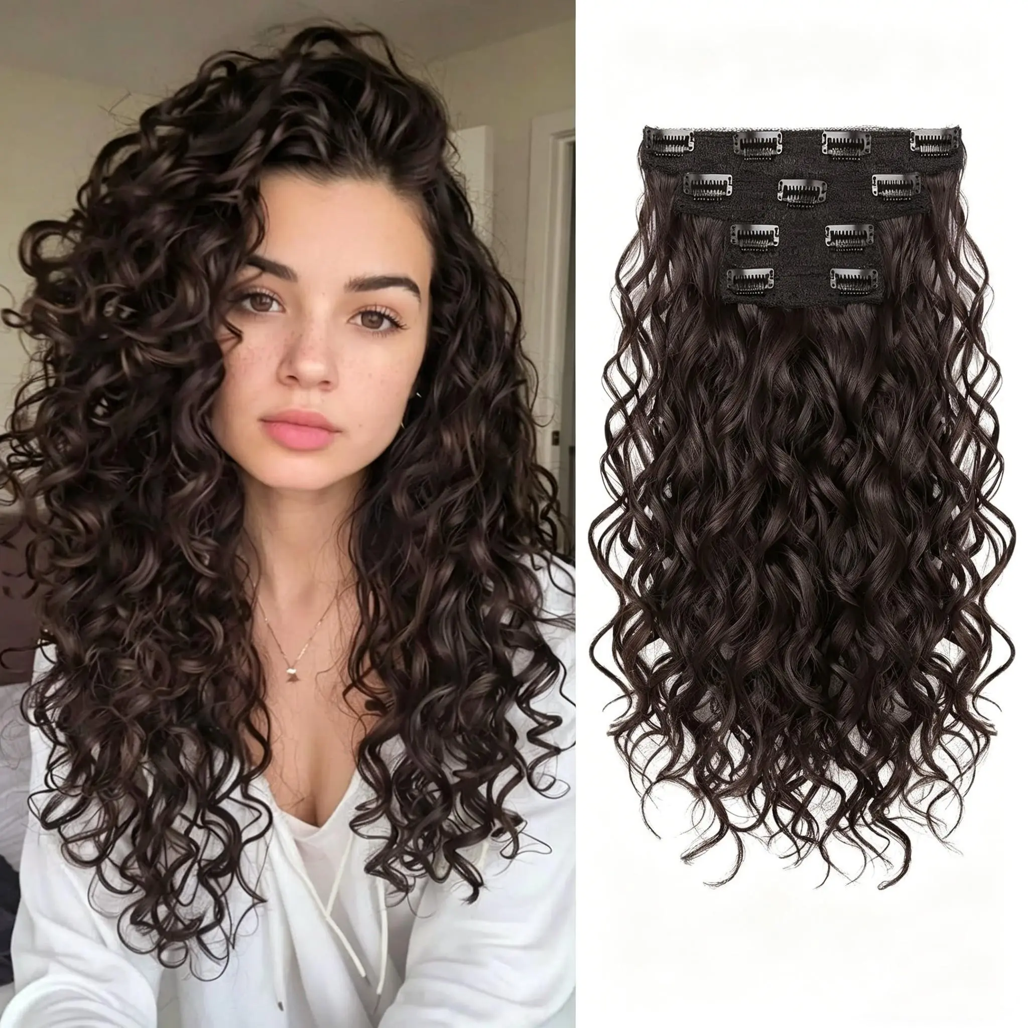 Women's Seamless Hair Extension Piece, Wavy Short Curly Hair Clip-In, Voluminous Natural Look, Color-Neutral Synthetic Fiber, Wavy Hair Extensions