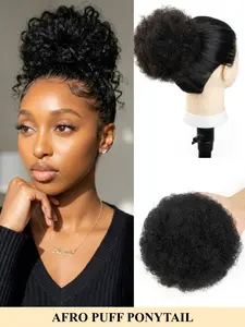 Afro Puff Drawstring Ponytail Real Human Hair Extension for Natural Black Women, Short Kinky Curly Afro Ponytail Human Hair Puffs for Women Girls, Premium Black Afro Bun Drawstring Ponytail for Party and Daily