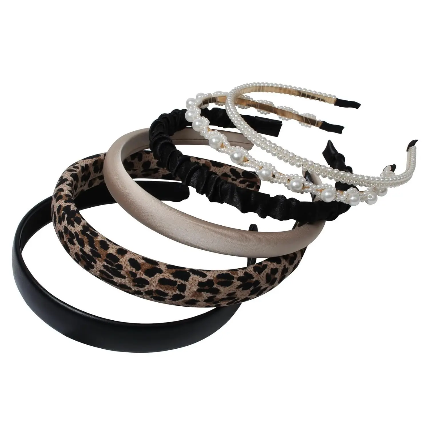 6PK Fashion Headbands for Women Non Slip Cute Pearl Headband Leopard Padded Headbands Black Hair Accessories