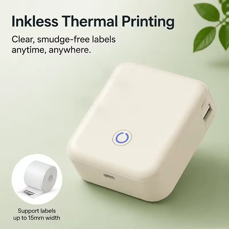 Miniature printer, portable printer, wireless label maker, inkless sticker thermal printer, compatible with smartphones, comes with 6 rolls of thermal paper, suitable for price tags, name tags, kitchen organization, offices, schools and retail stores.