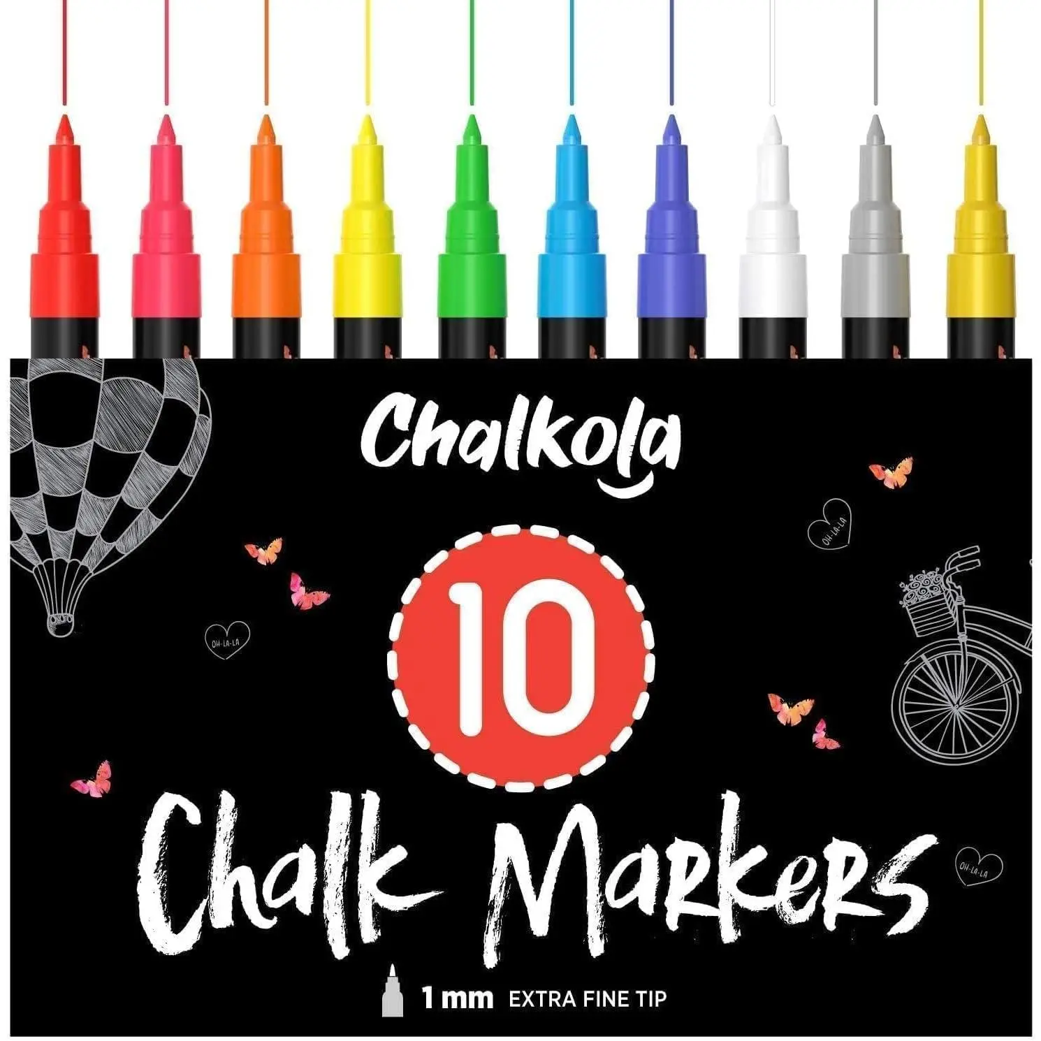 Extra Fine Tip Liquid Chalk Markers (1mm, 10 Pack) with  &  - Erasable Dry Erase Marker Pens for Blackboard, Windows, Chalkboard Markers, Bistro, Restaurants - Thin Point Chalk Pens Set