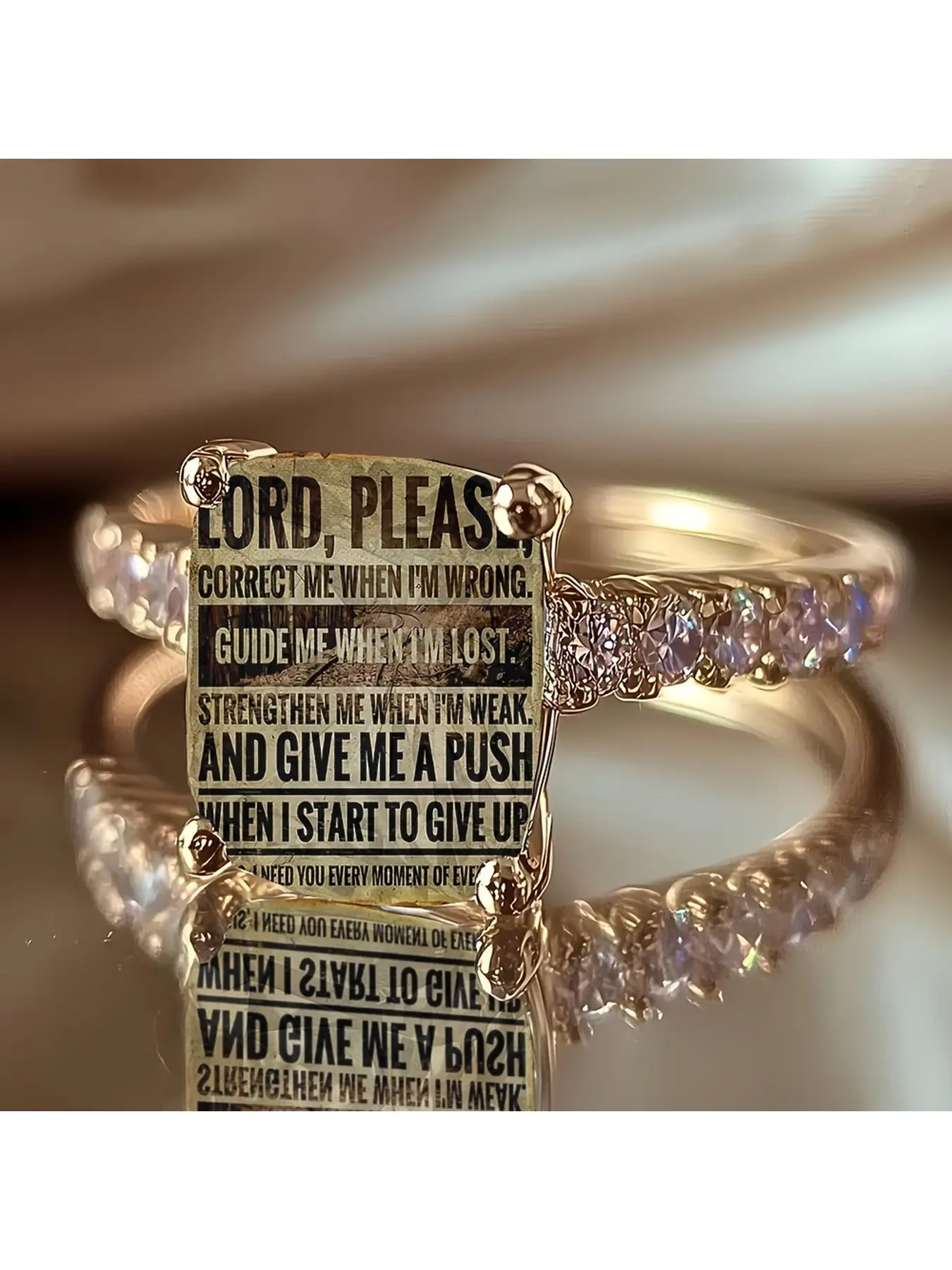 Vintage distressed English motivational slogan square ring with religious prayer text pattern accessory - a positive faith-themed gift for daily use and decoration.